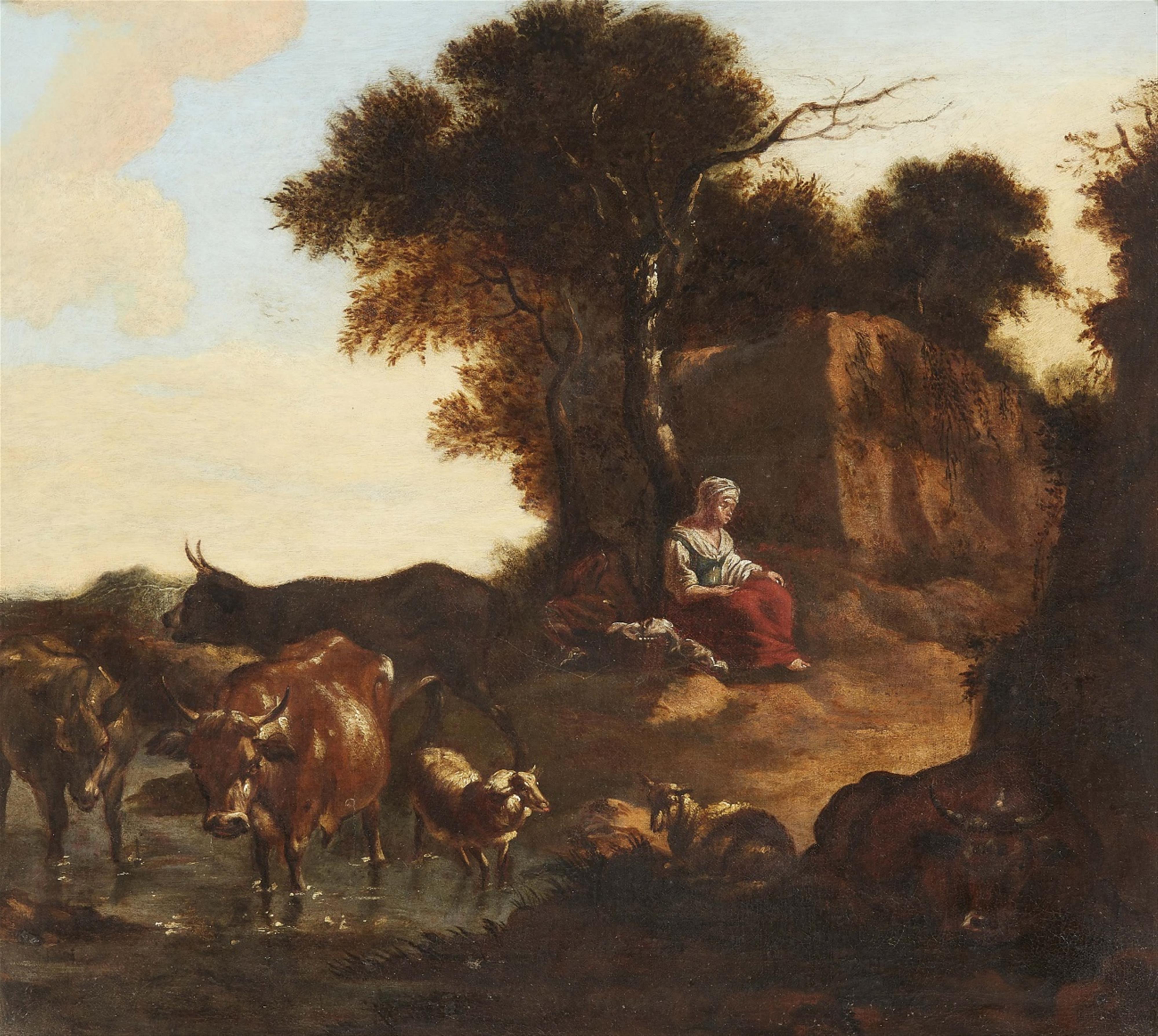 Netherlandish School circa 1700 - Shepherdess and her Flock at Rest - image-1
