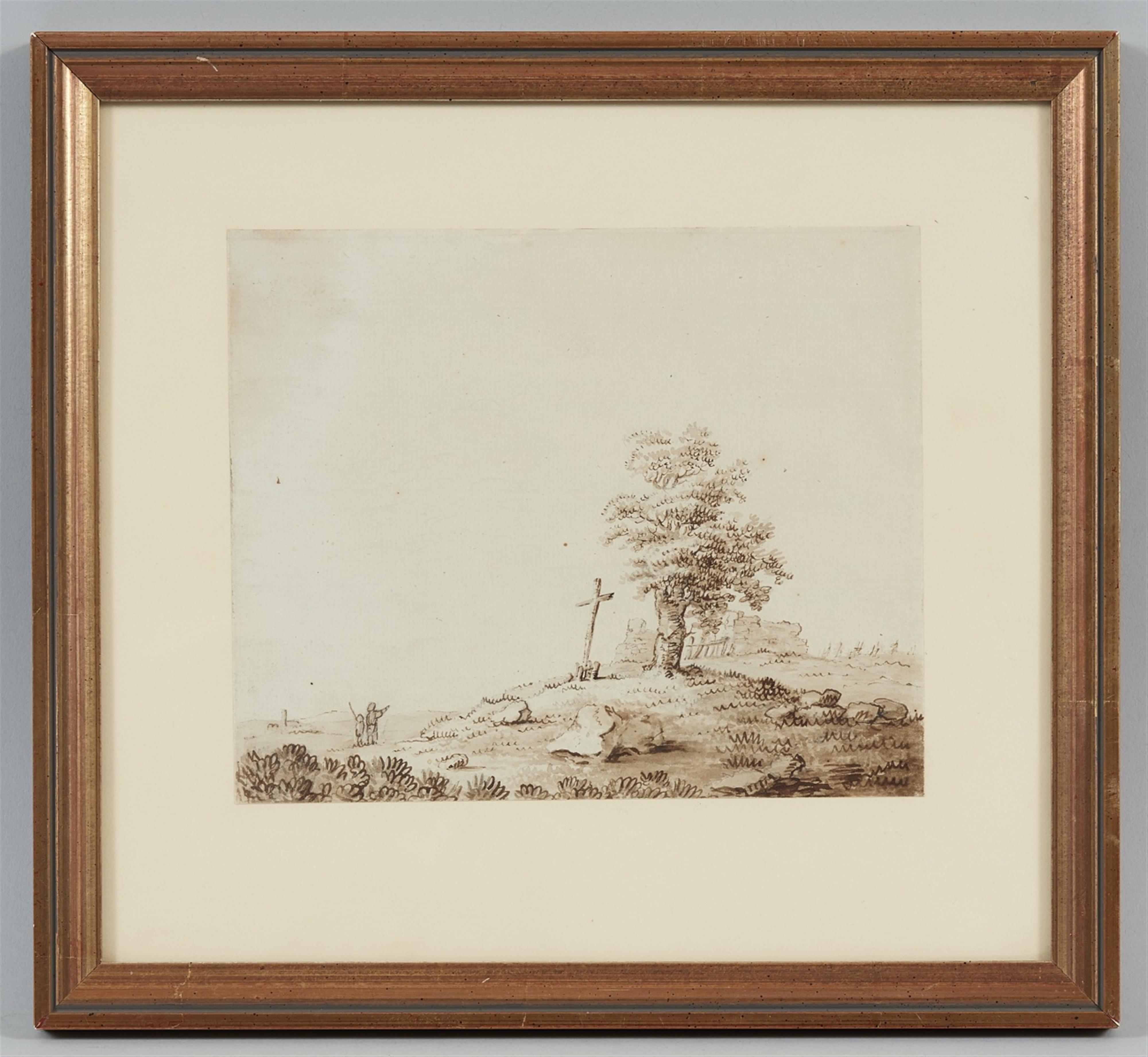 Deutscher Künstler des frühen 19. Jahrhunderts - Landschaft mit Holzkreuz unter einem alten Baum - image-1