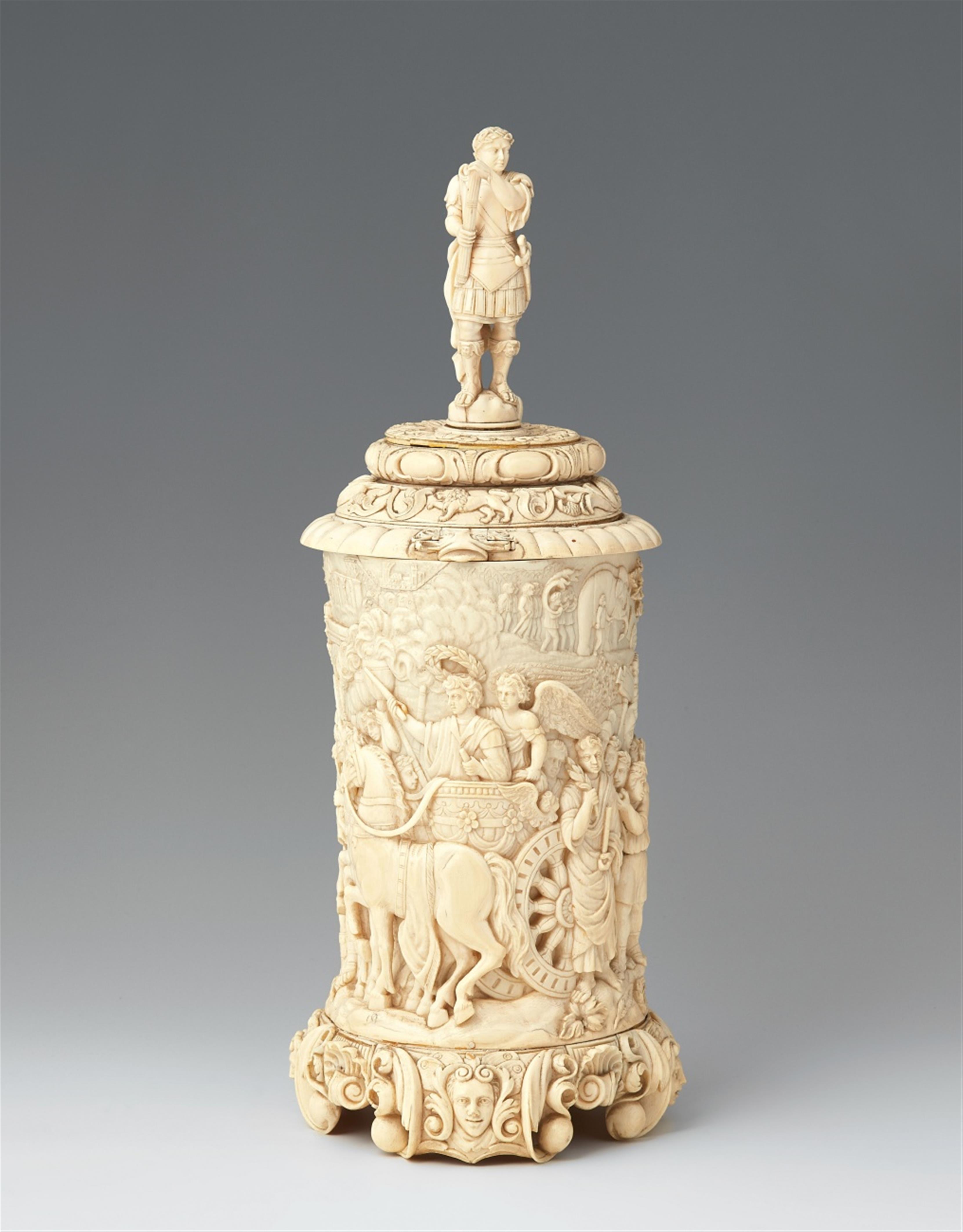 A carved ivory tankard with the triumph of Titus - image-2