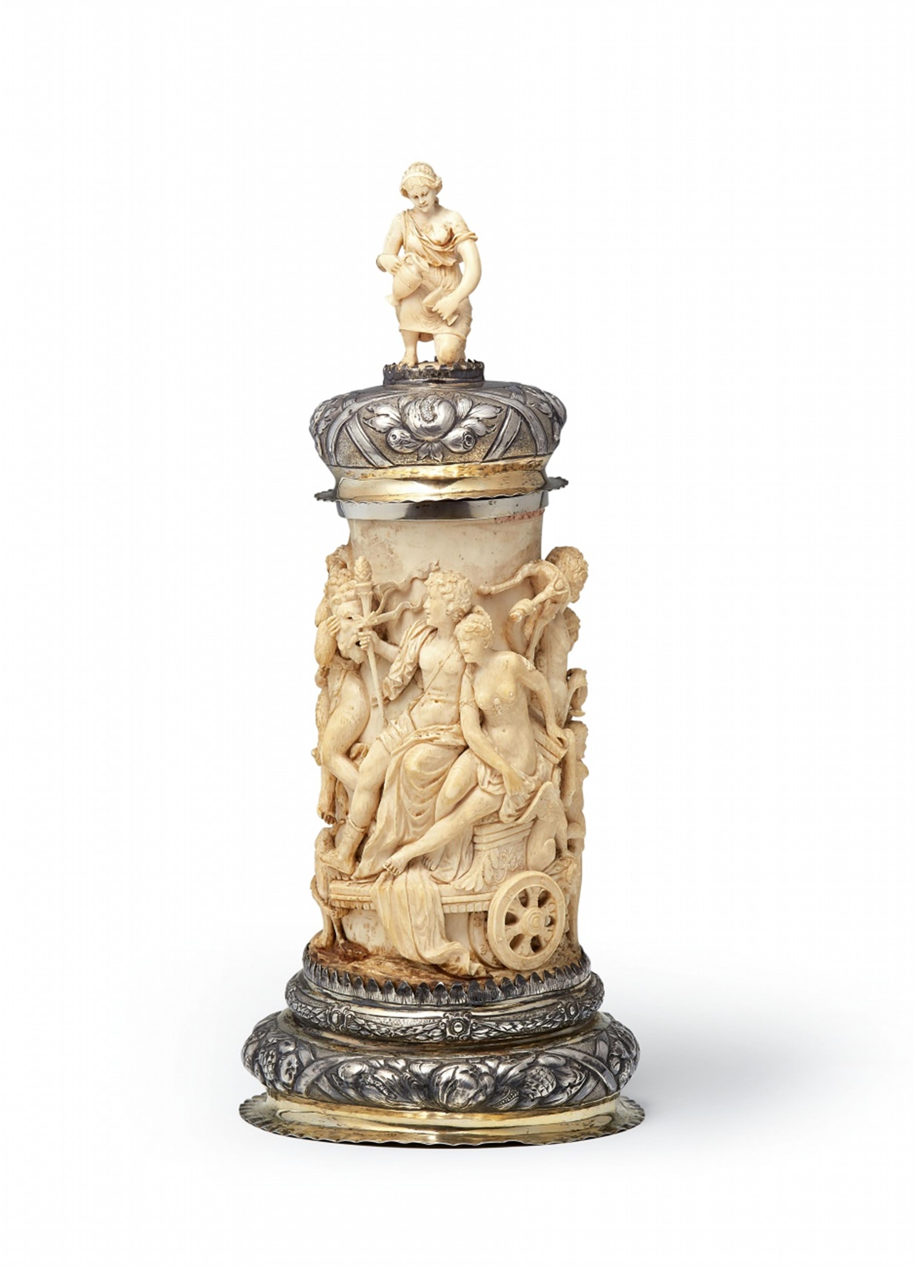 A parcel gilt silver-mounted ivory tankard with the triumph of the gods - image-2