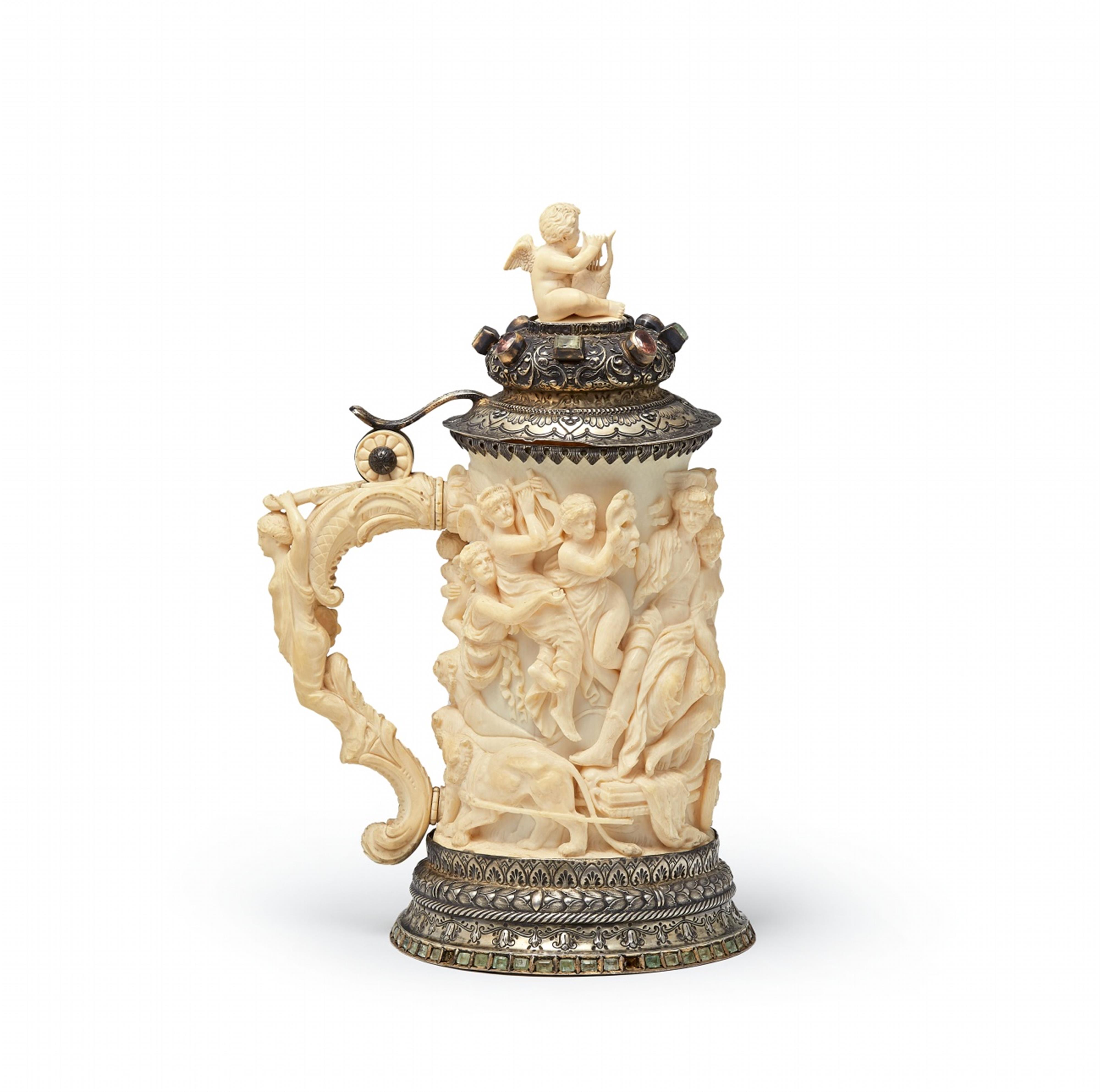 A parcel gilt silver-mounted ivory tankard with the triumph of the gods - image-3
