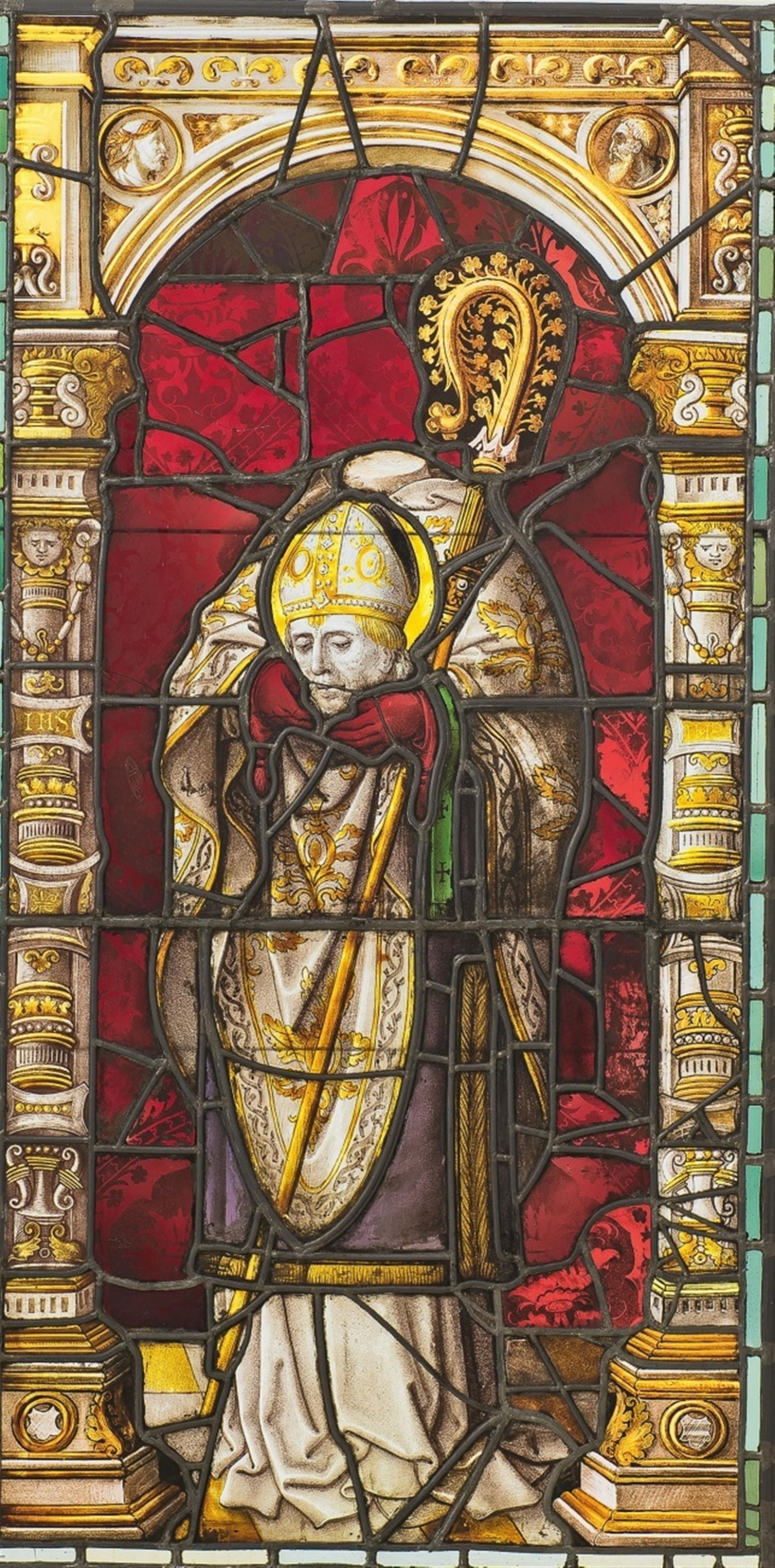 An important pair of Belgian Renaissance stained glass windows with Saint Sulpice and Saint Dionysius - image-2