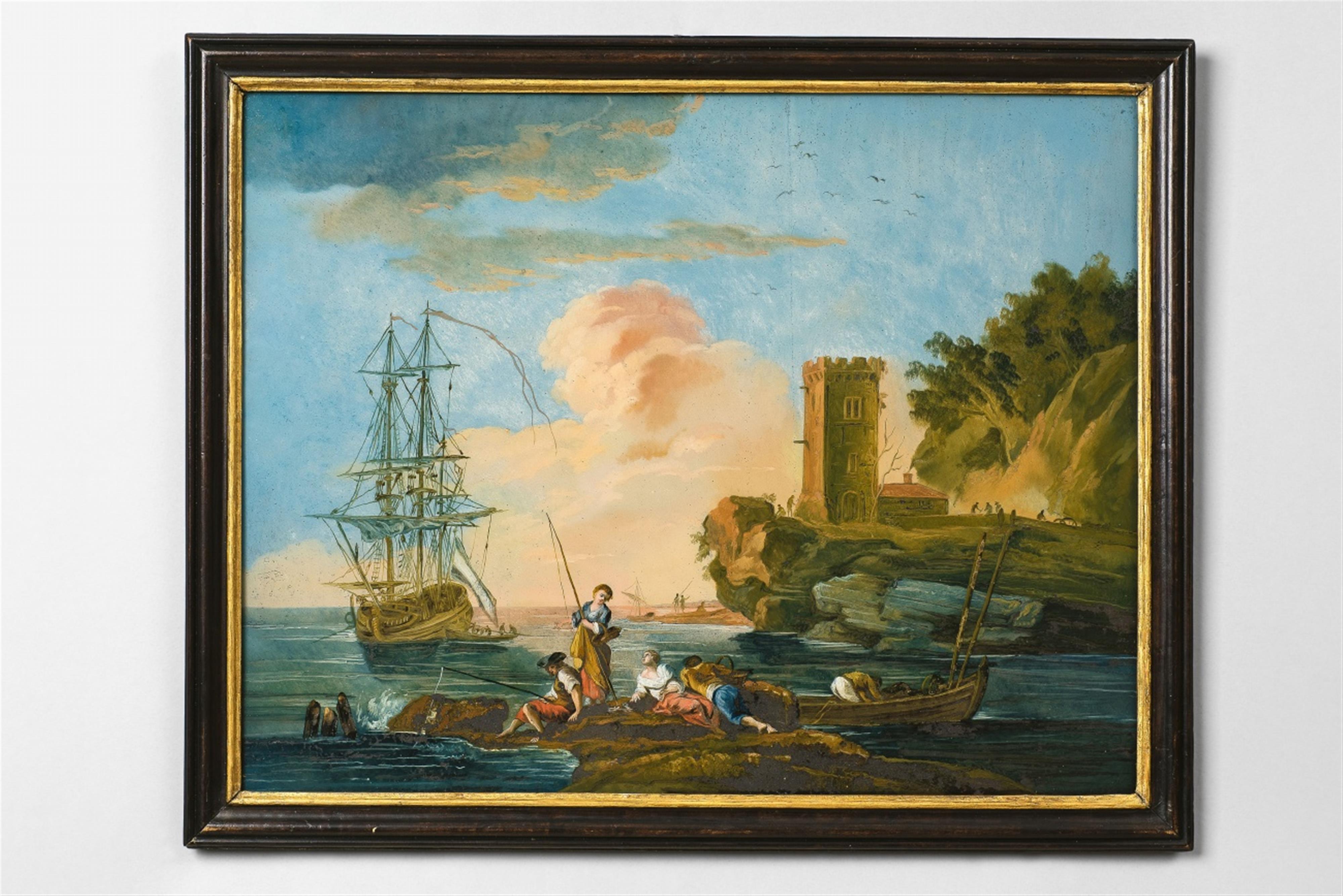 A pair of reverse glass paintings with harbour scenes - image-2