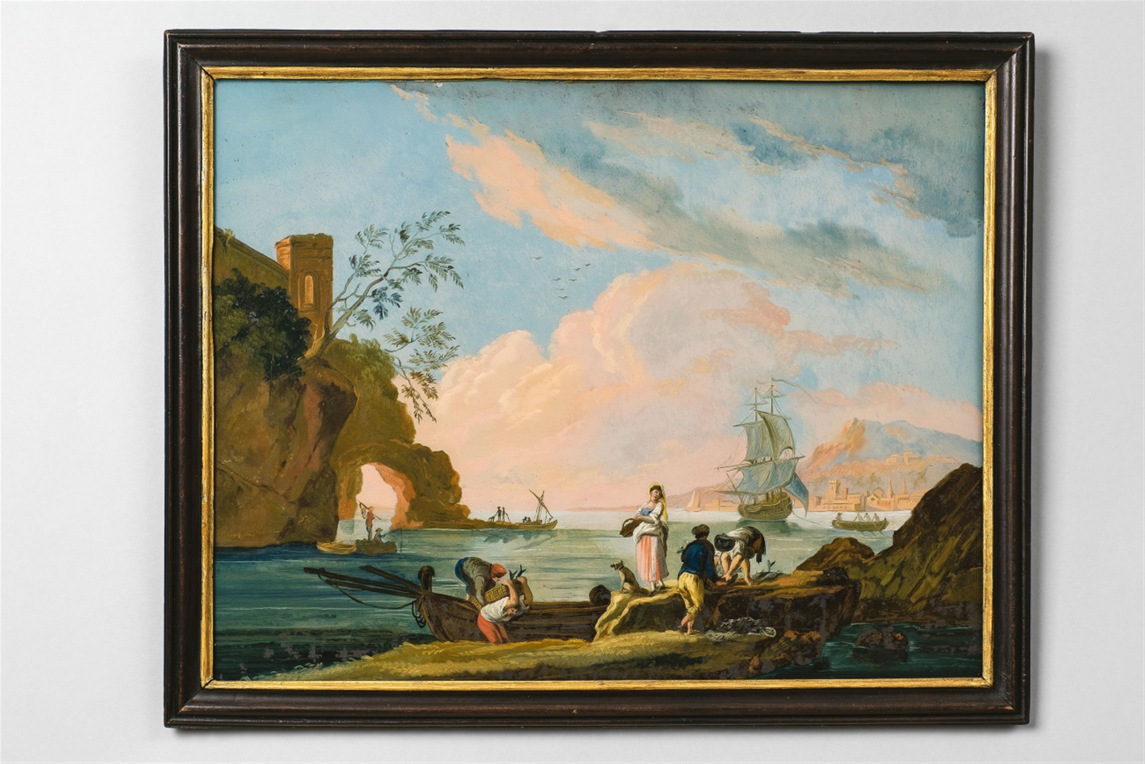 A pair of reverse glass paintings with harbour scenes - image-1