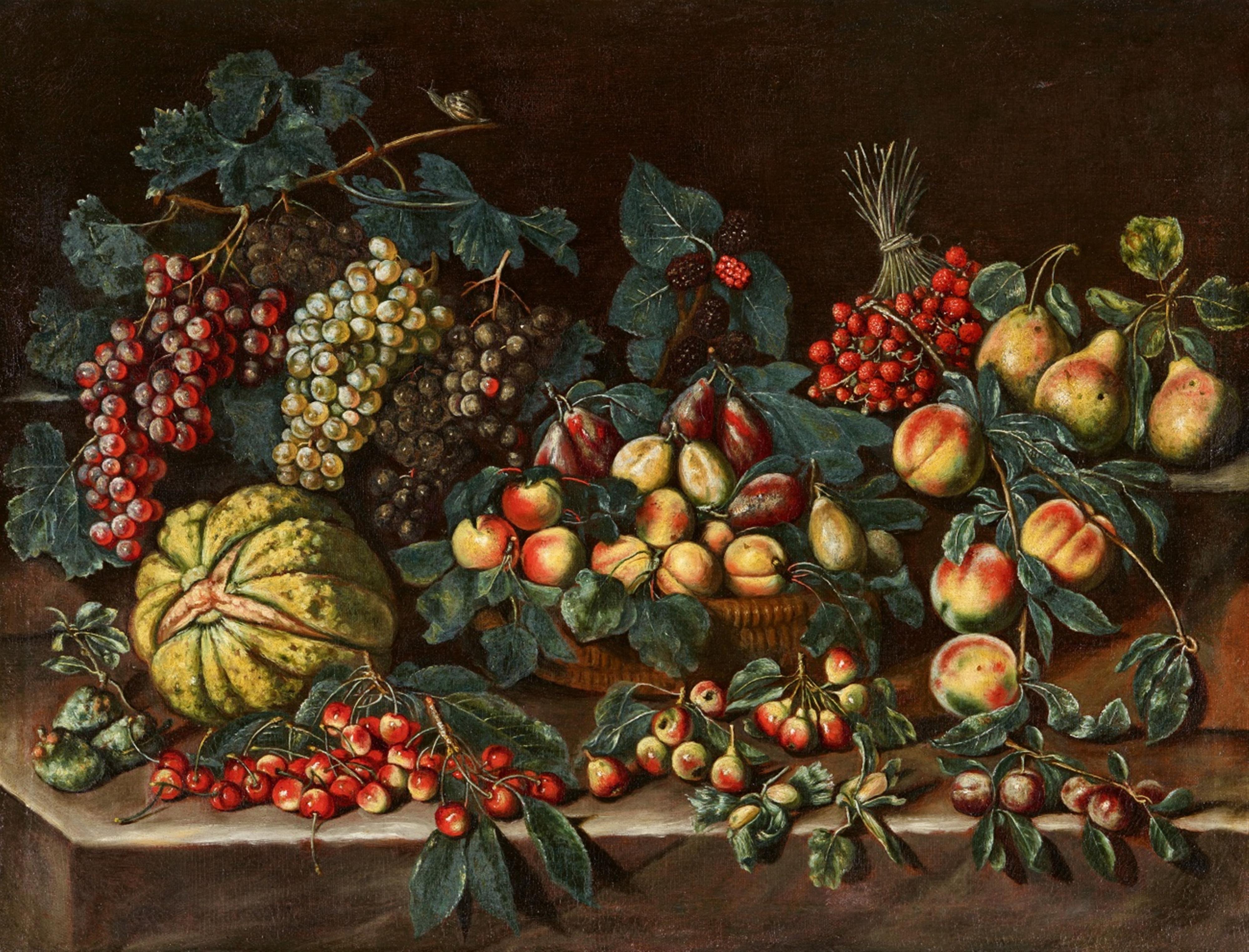 Agostino Verrocchi - Stillleben mit Trauben, Honigmelone, Pfirsichen, Pflaumen, Baumerdbeeren und Walderdbeeren - image-1