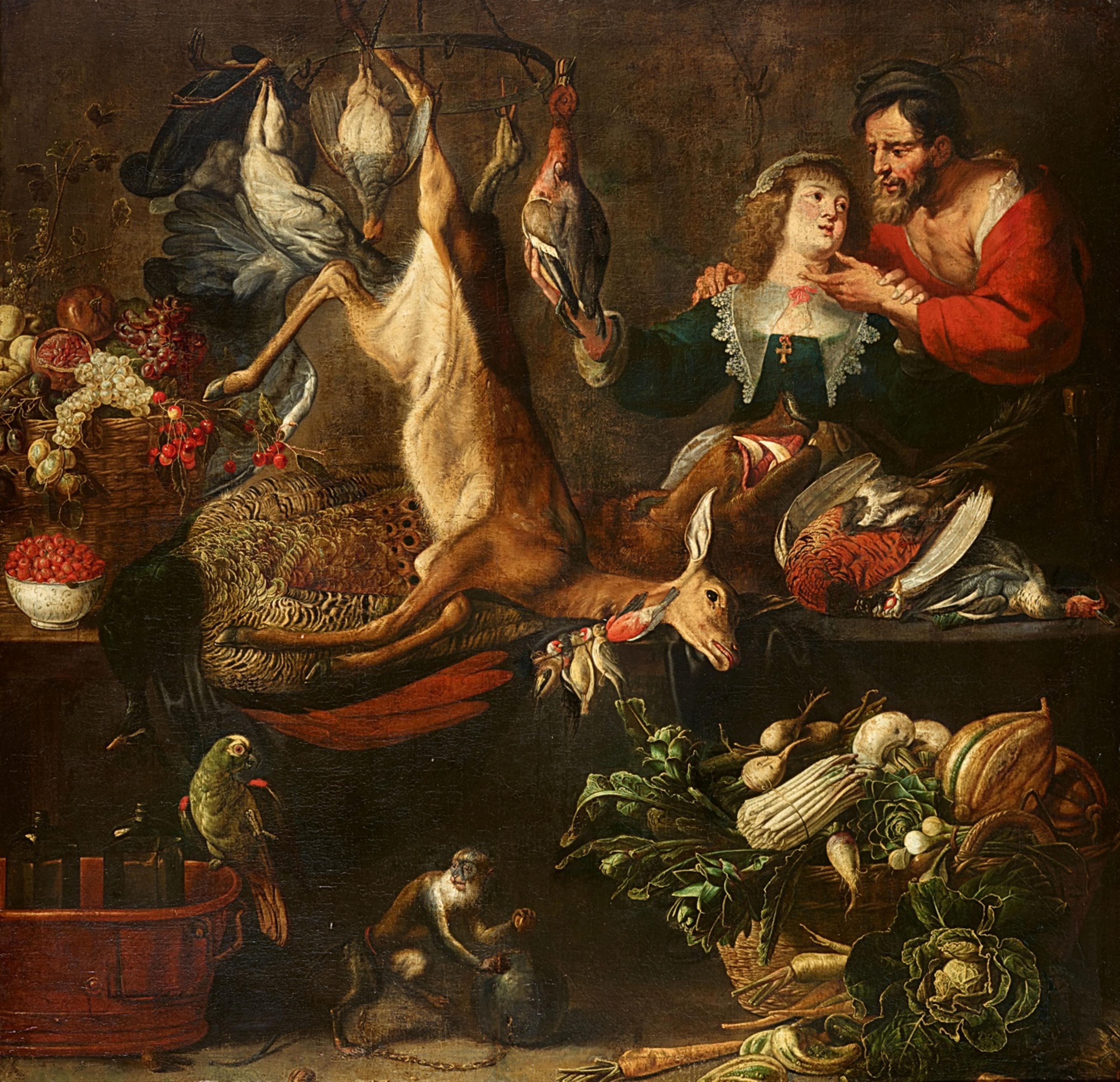 Frans Snyders, studio of - Large Still Life with a Couple, Game, Vegetables, Fruit, a Monkey, and a Parrot - image-1