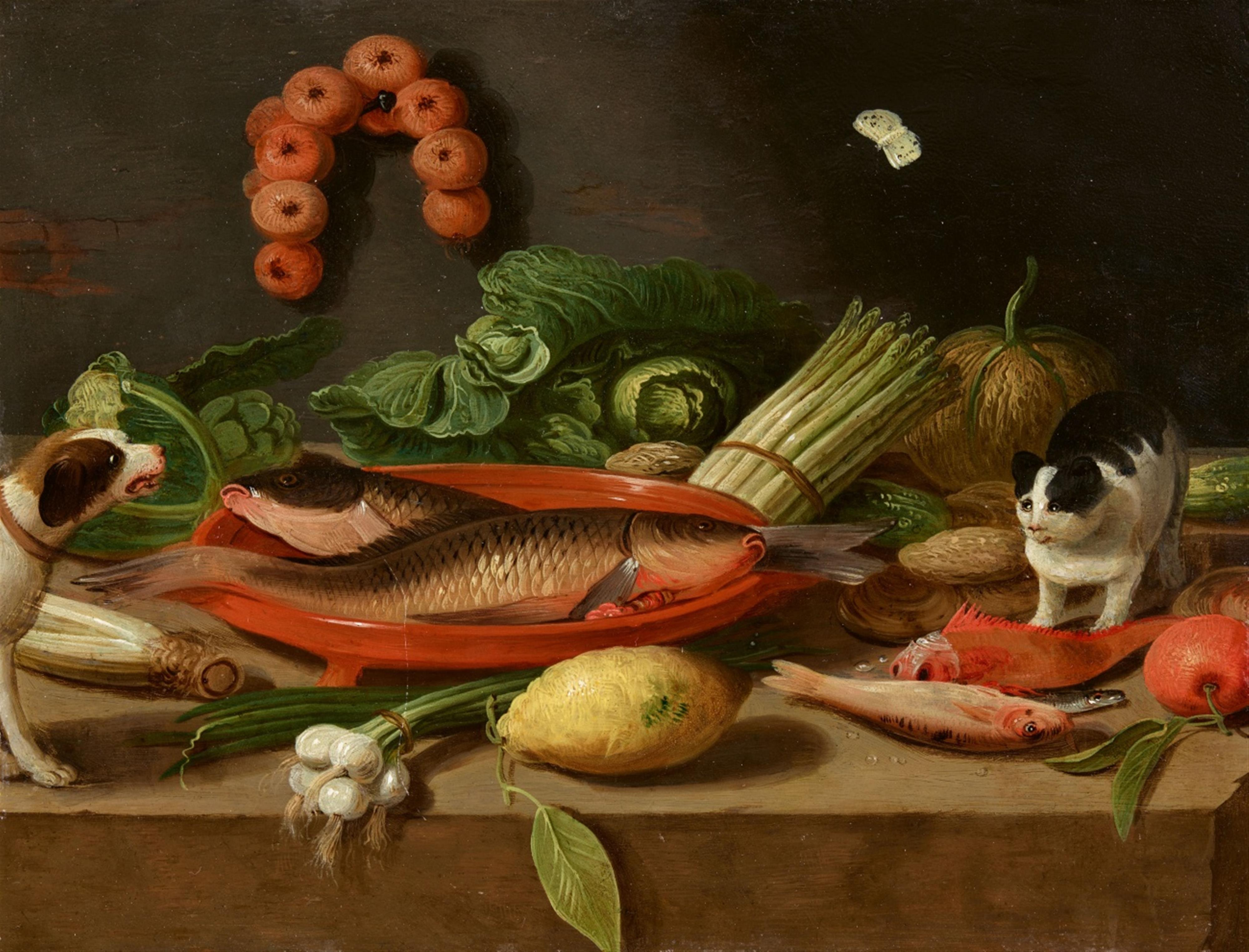 Pseudo-Jan van Kessel the Younger - Still Life with Carp in a Terracotta Dish, Oysters, Asparagus, Cabbage, Onions, and a Dog and Cat - image-1