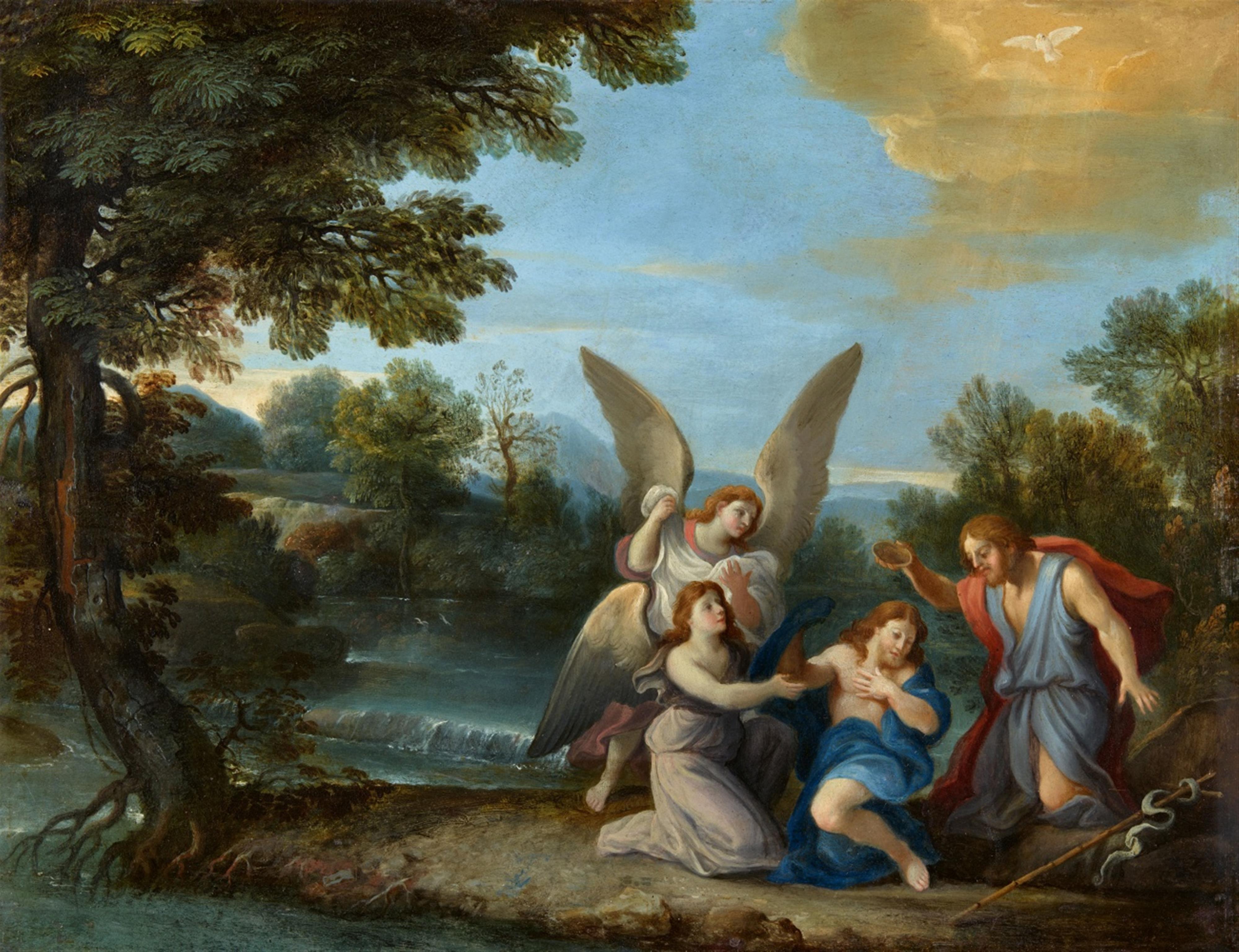 French School circa 1700 - Landscape with the Baptism of Christ - image-1