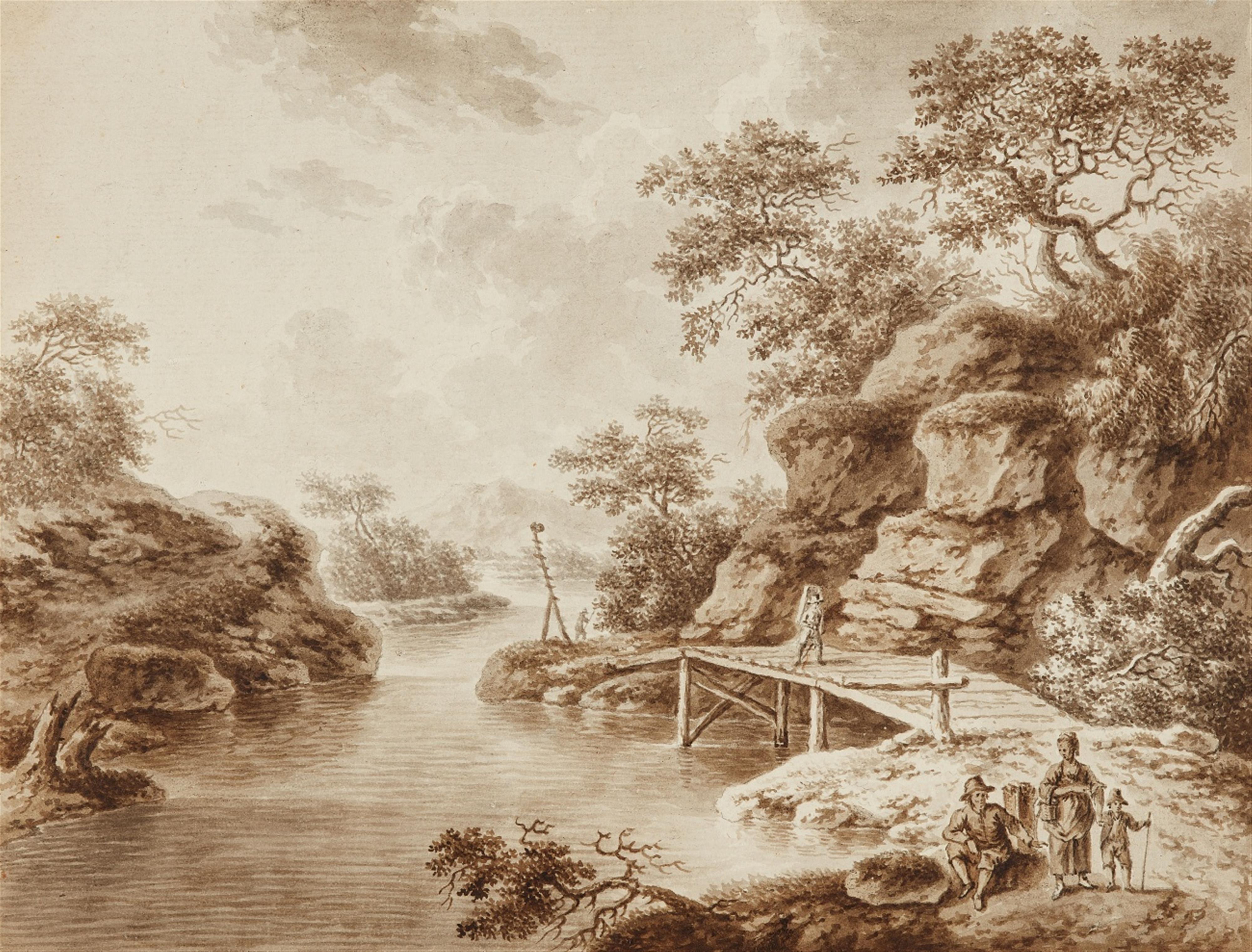 Netherlandish School 18th century - Landscape with a Wooden Bridge and Travellers - image-1