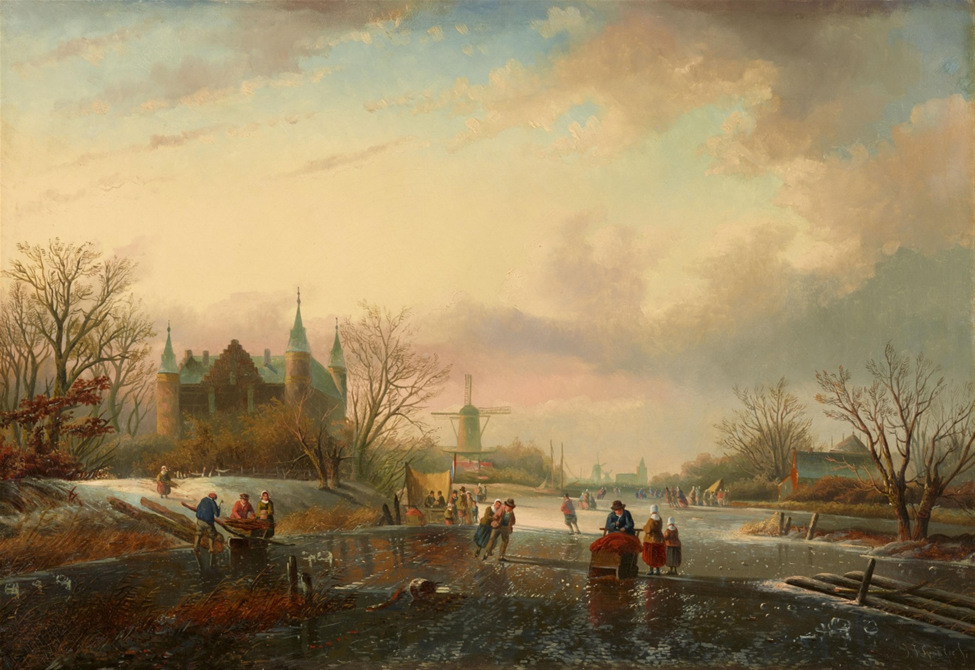 Jacob Jan Coenraad Spohler - Winter Landscape with a Castle and Ice Skaters - image-1