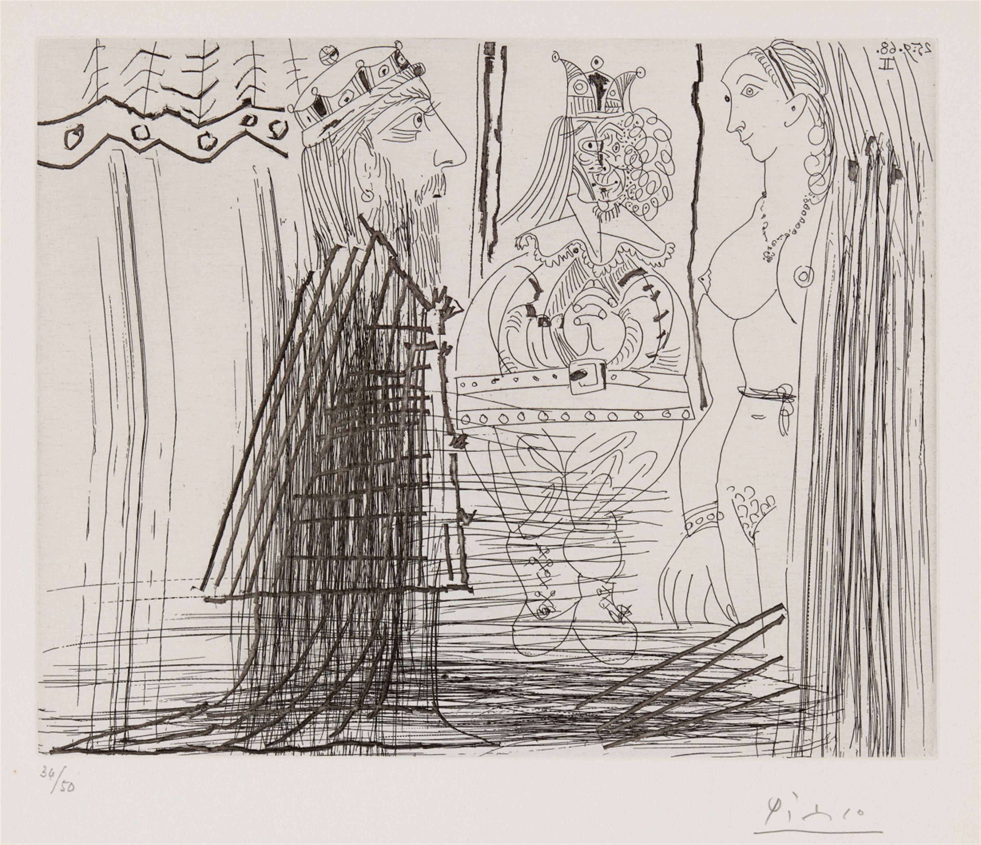 Pablo Picasso - Scène biblique (David et Bethsabée?), avec bouffon au chapeau à deux cornes - image-1