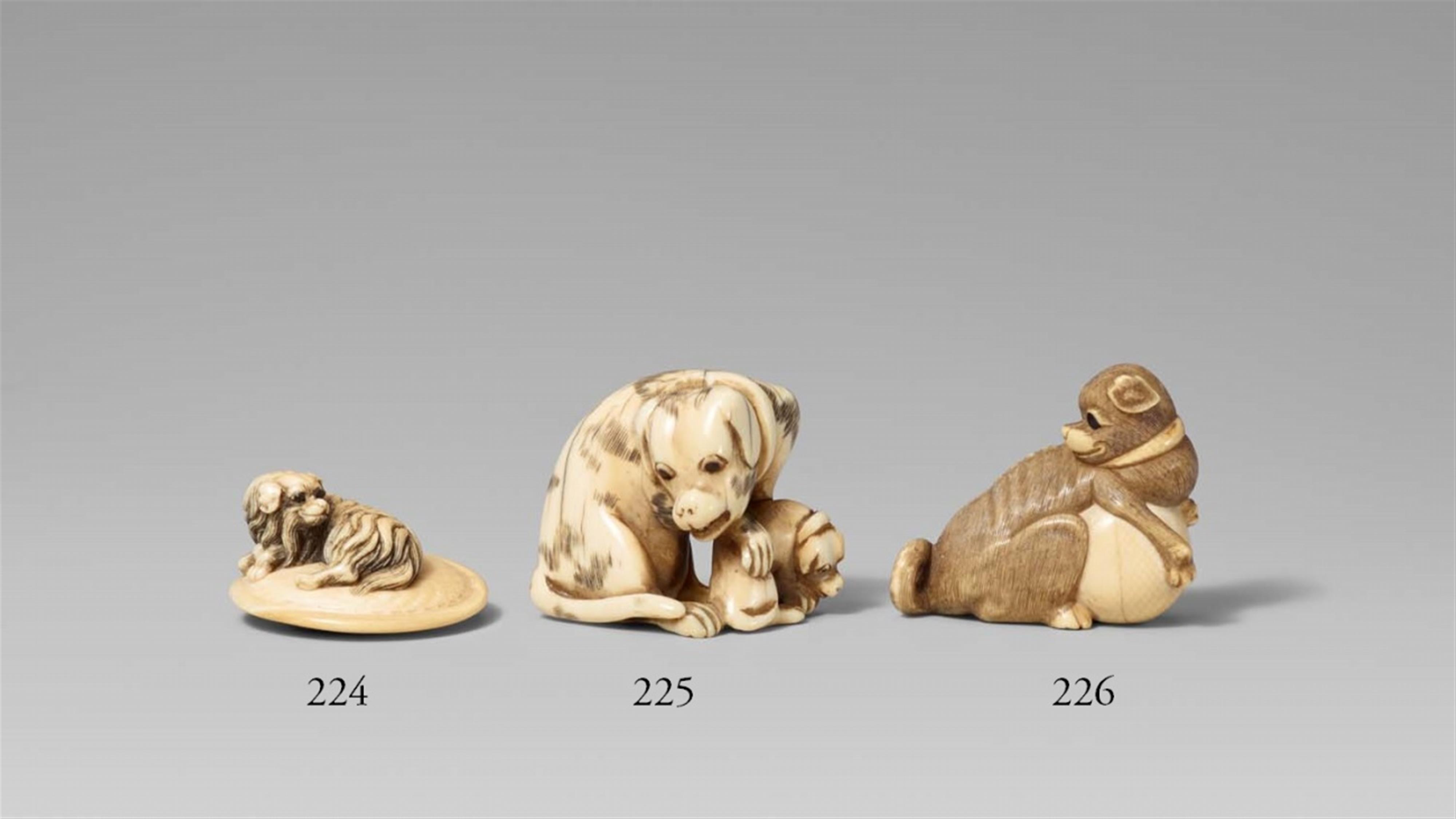 An ivory netsuke of a piebald dog and a puppy. Early 19th century - image-1