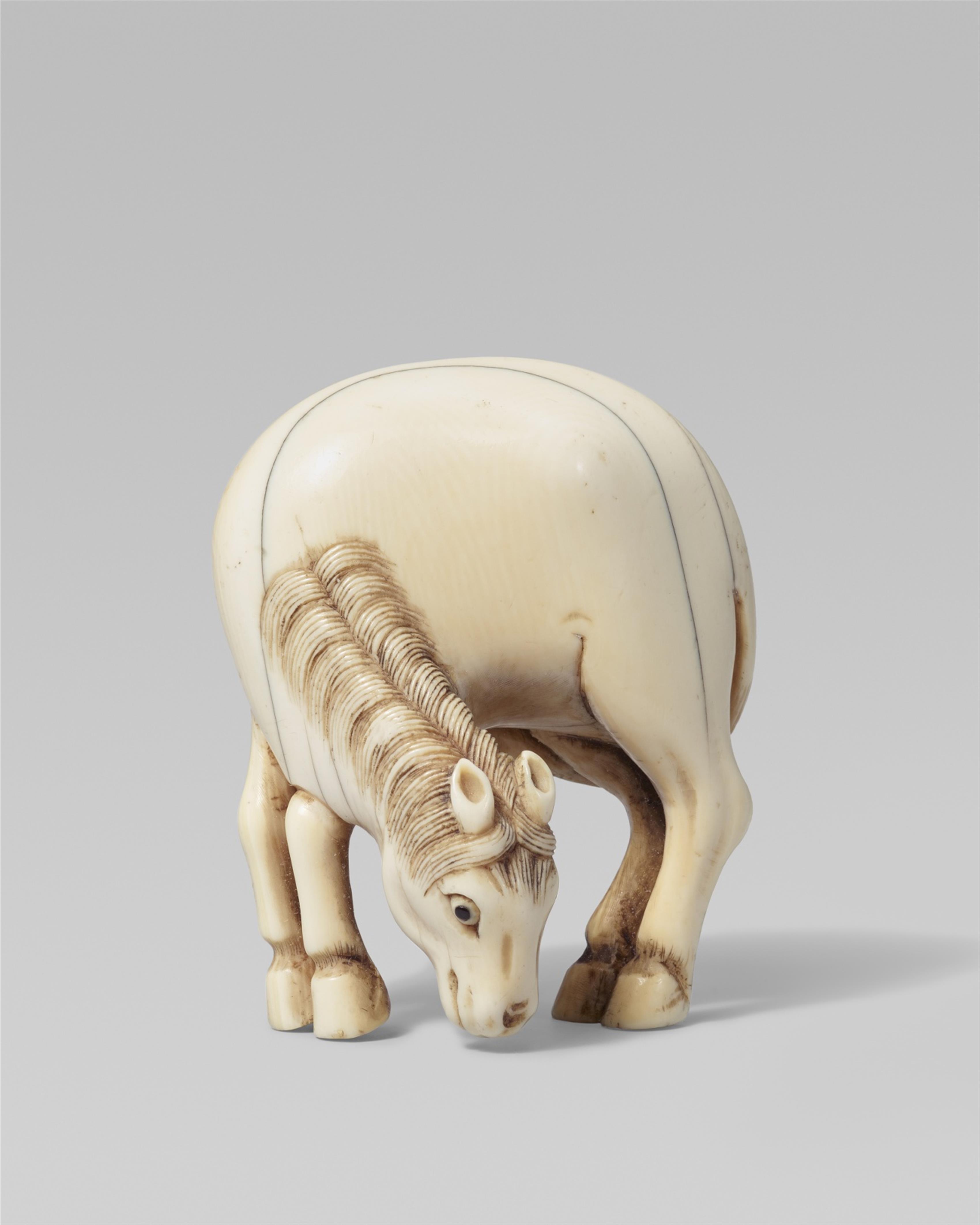 A large ivory netsuke of a grazing horse. Early 19th century - image-1
