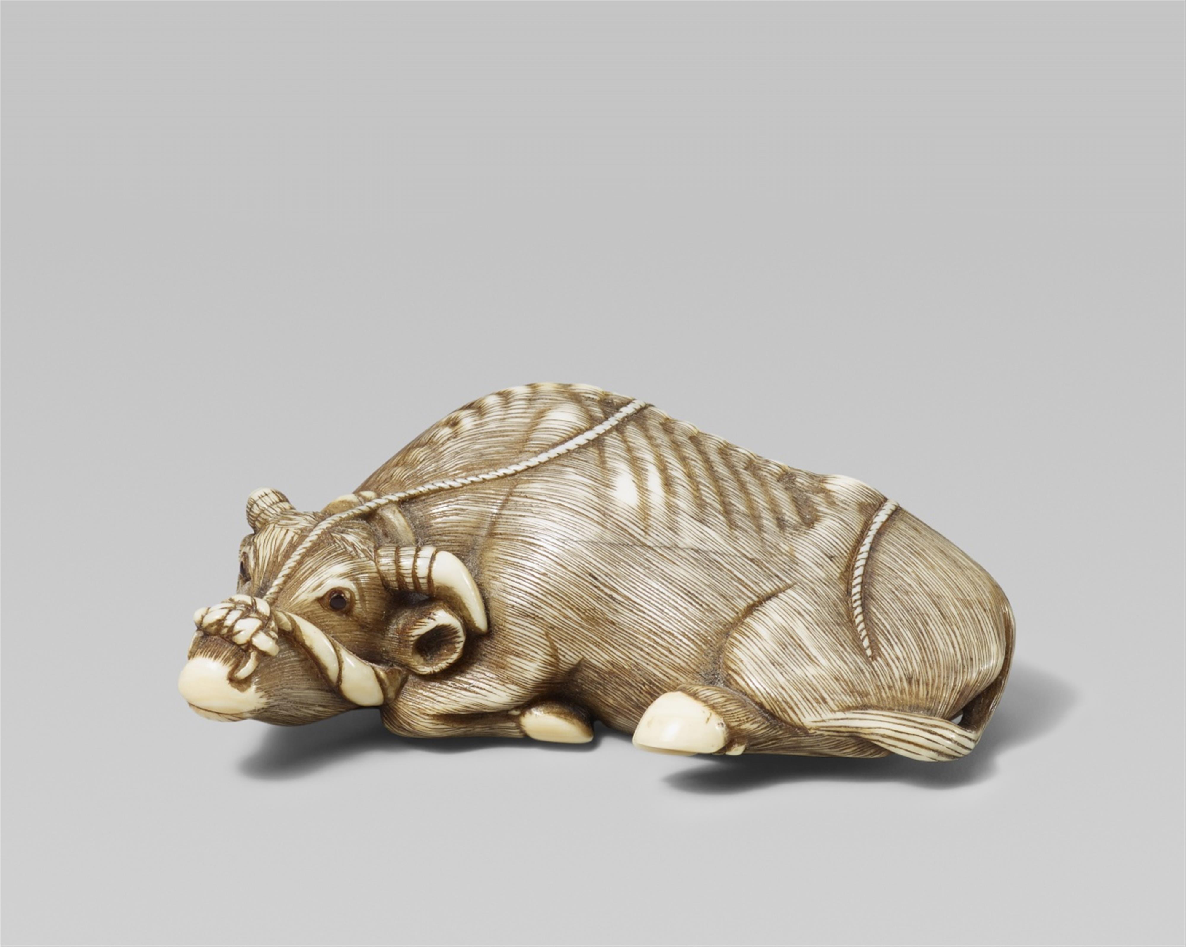 A good ivory netsuke of a recumbent ox. Early 19th century - image-1