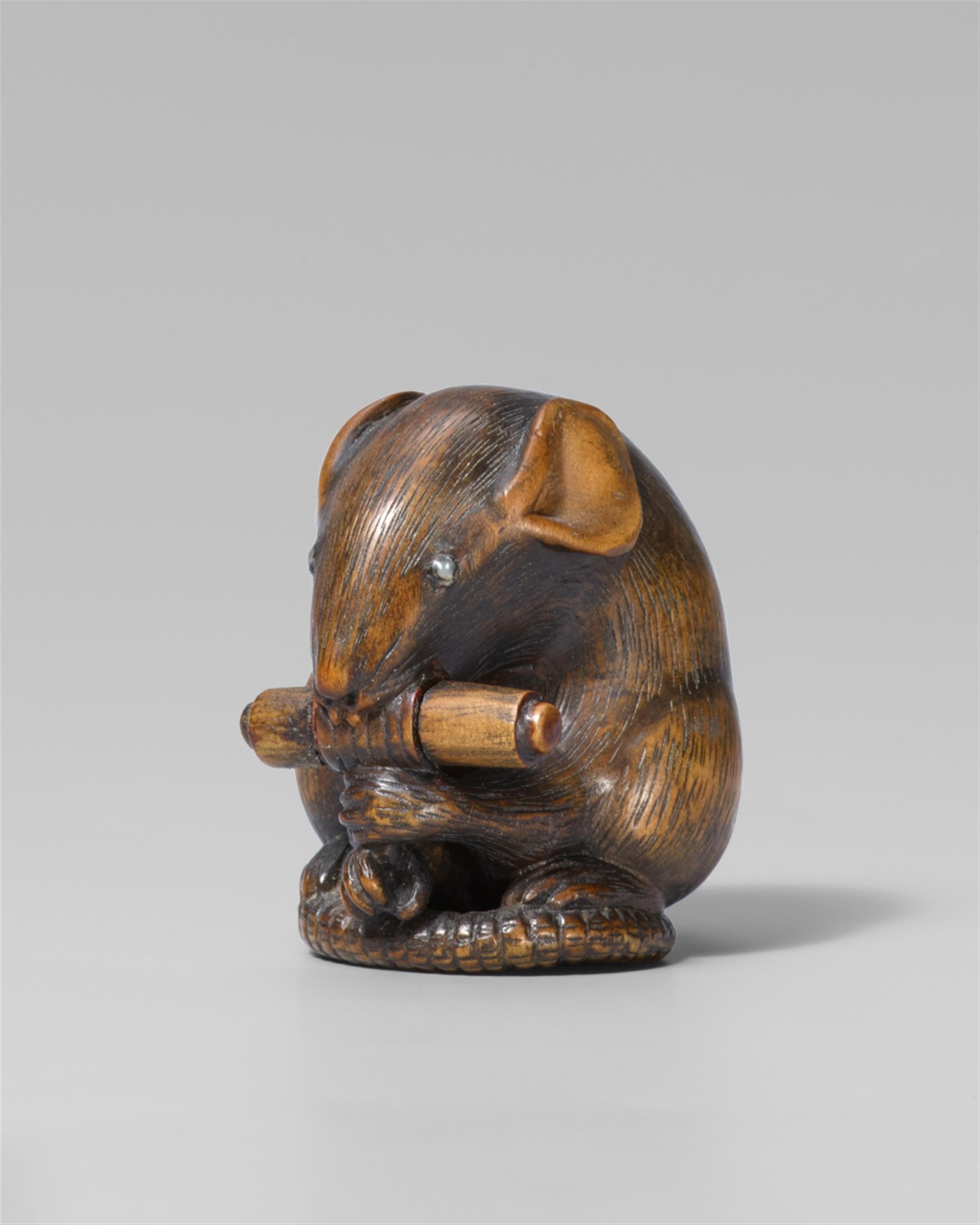A large boxwood netsuke of a rat with a scroll, by Shigemasa. Mid-19th century - image-1
