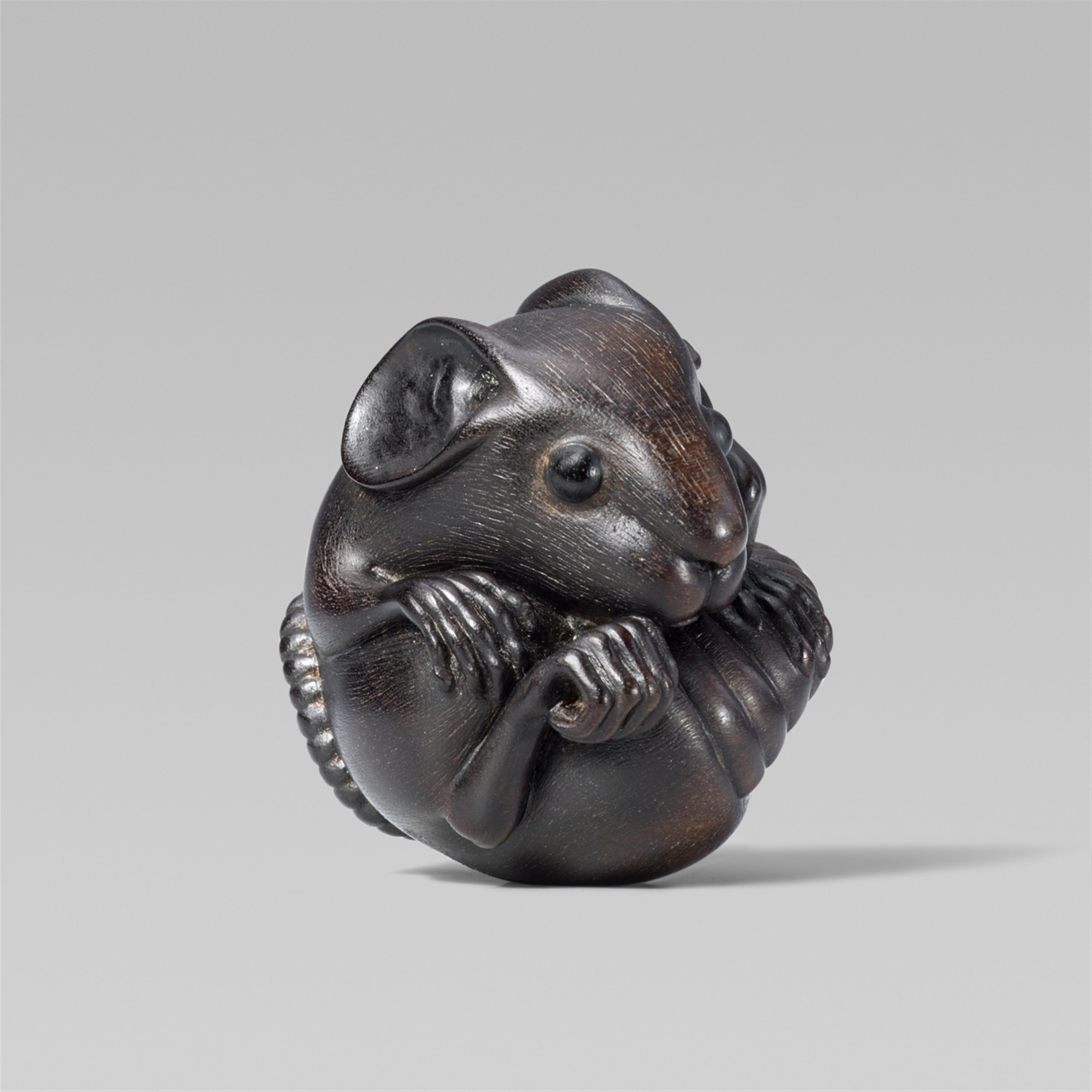 A large black wood netsuke of a rat rolled into a ball - image-1