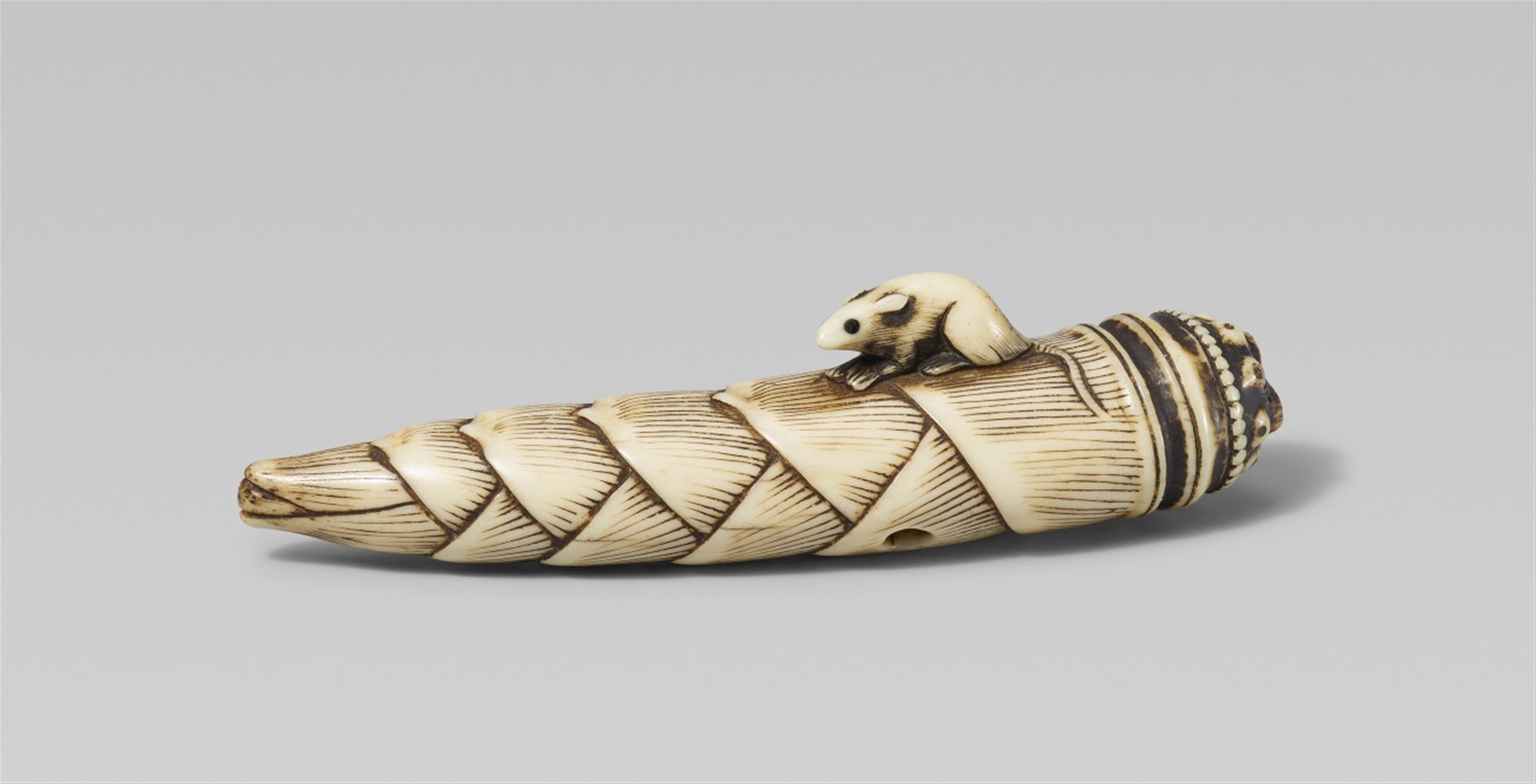 A stag antler netsuke of a rat on a bamboo shoot. 19th century - image-1