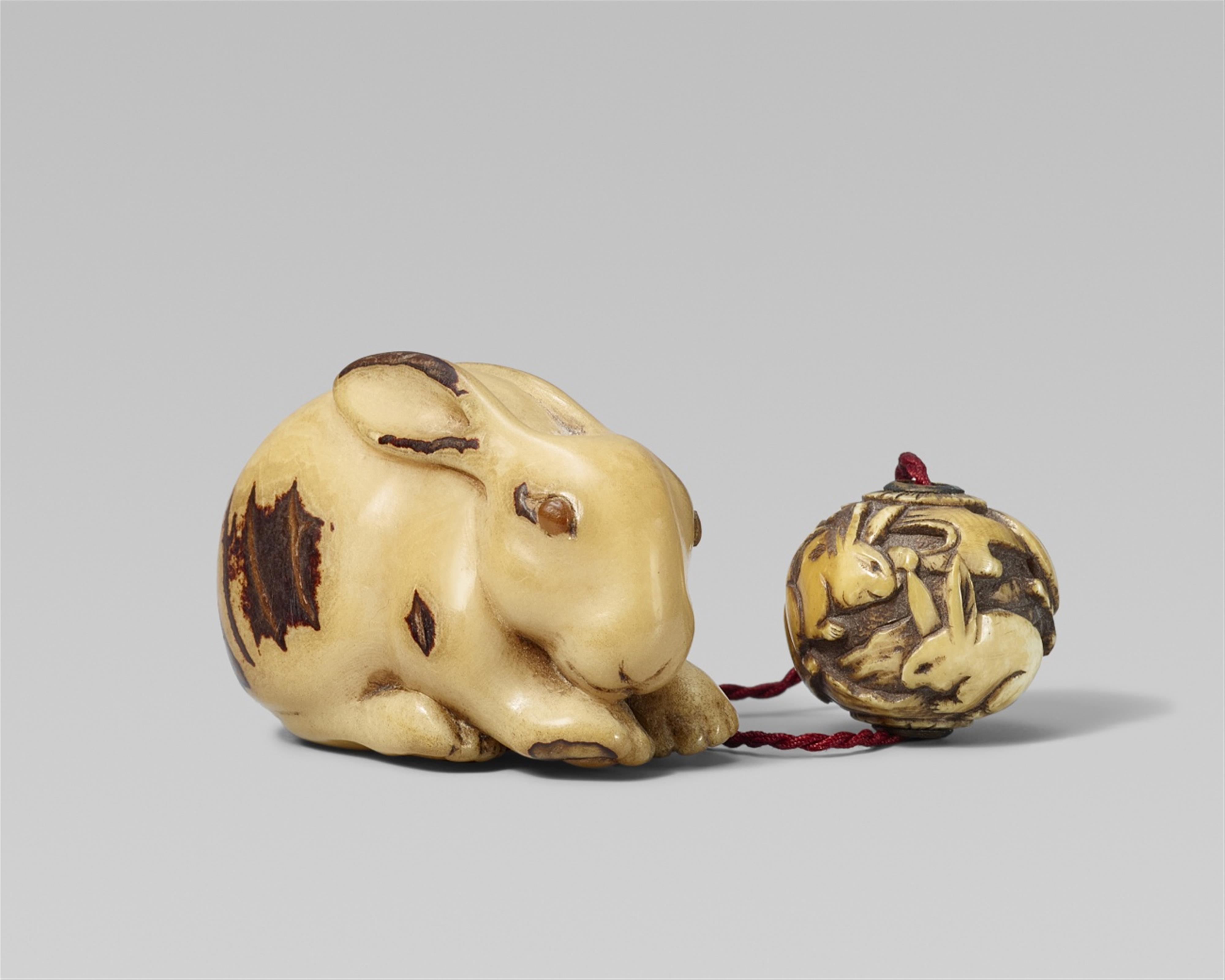 An unusual corozo nut netsuke of a crouching rabbit. 19th century - image-1