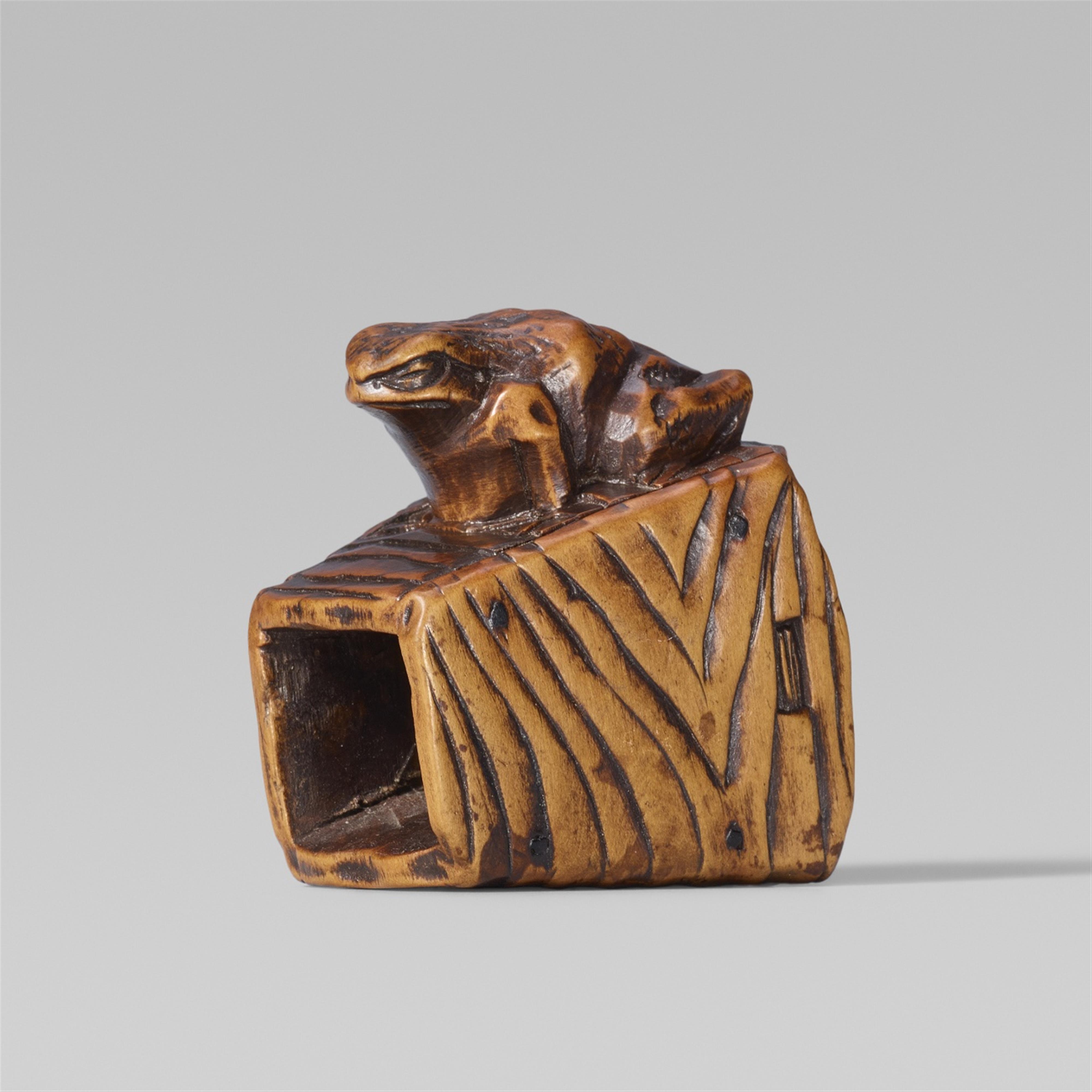 An Ise school boxwood netsuke of a toad on a bucket, by Masanao. Mid-19th century - image-1