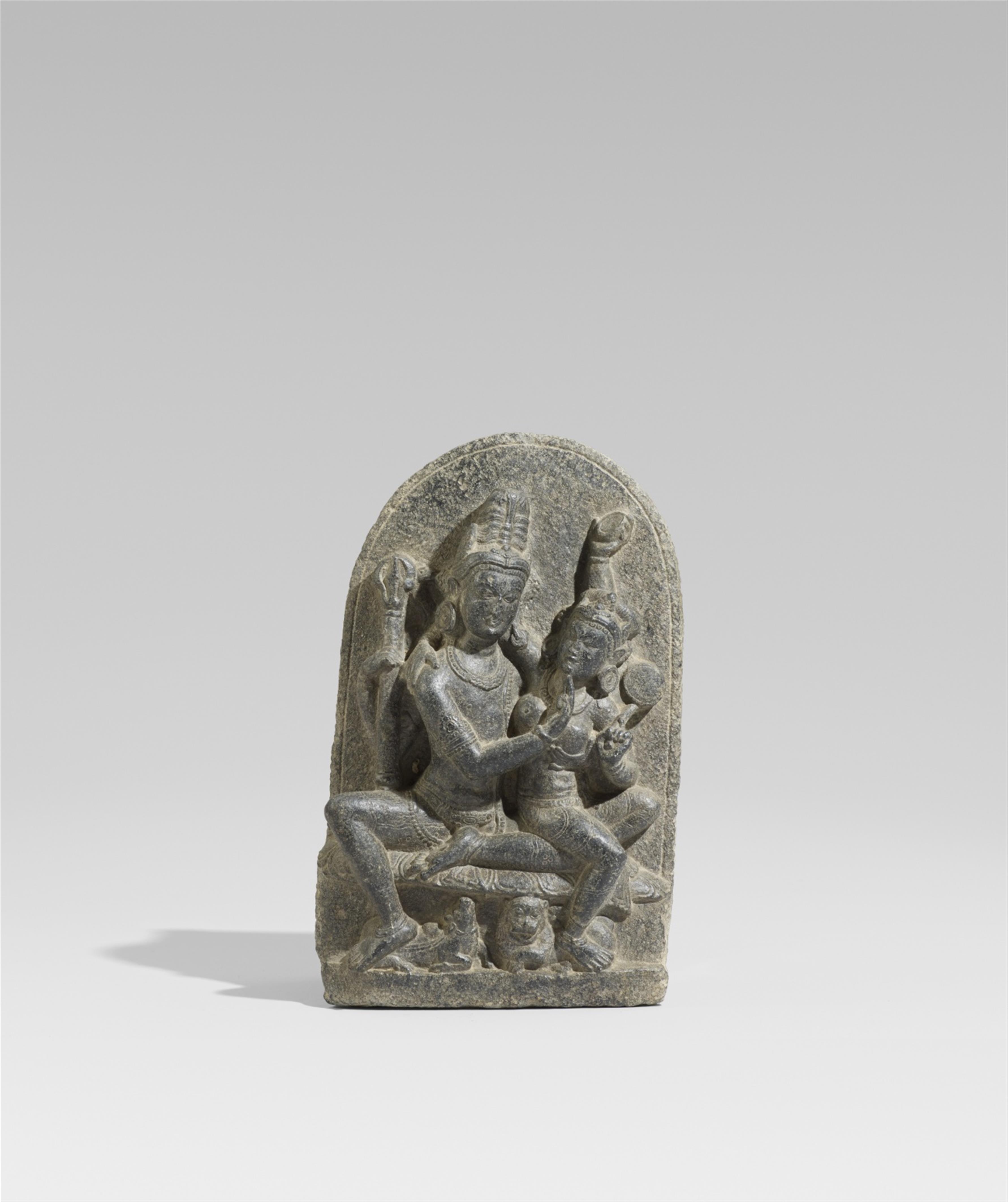 A Pala dark gray stone stele of Uma Maheshvara. Northeastern India. 9th/10th century - image-1