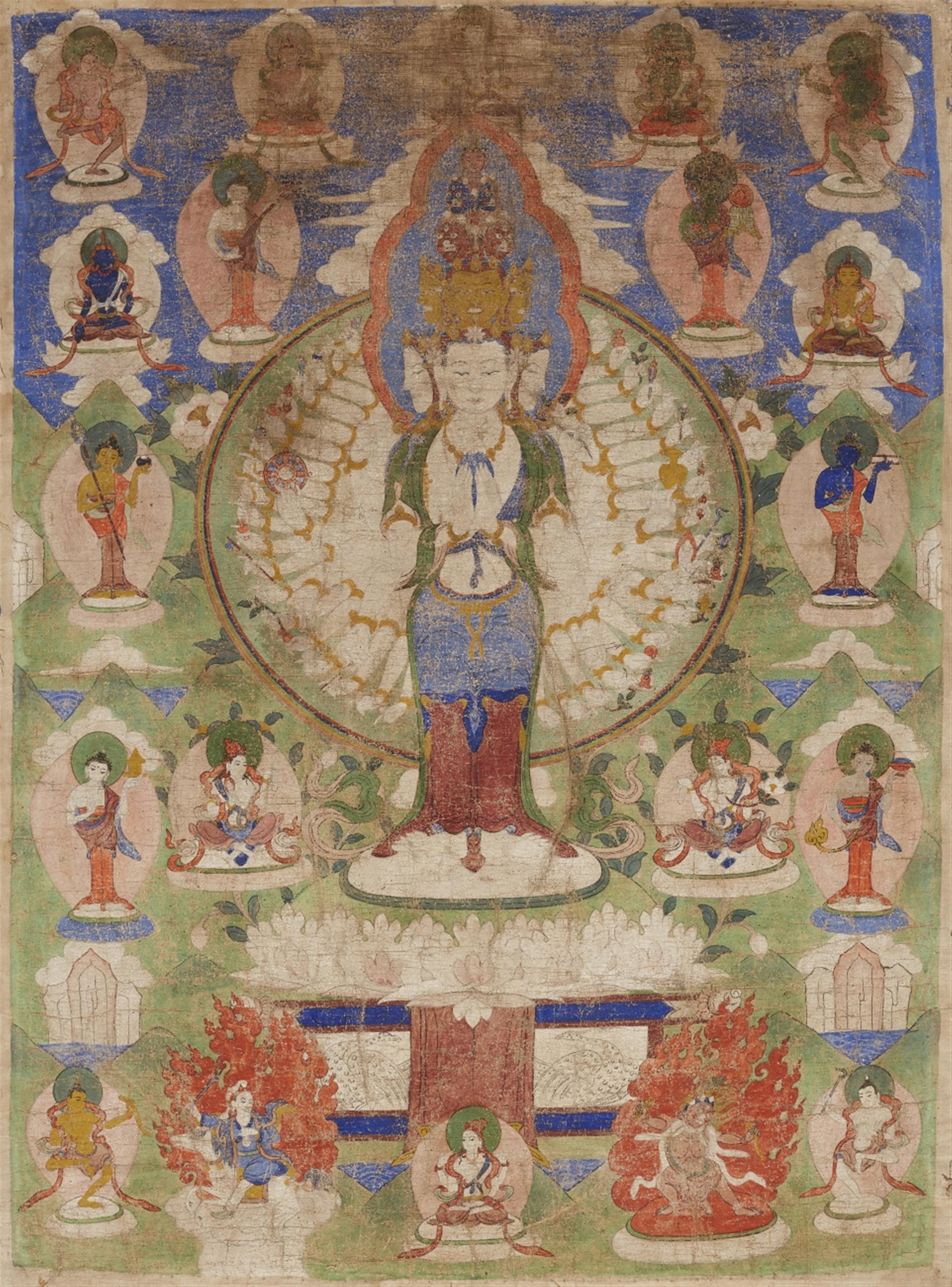 Thangka des elfköpfigen und tausendarmigen Avalokiteshvara. Tibet. Um 1900 - image-1