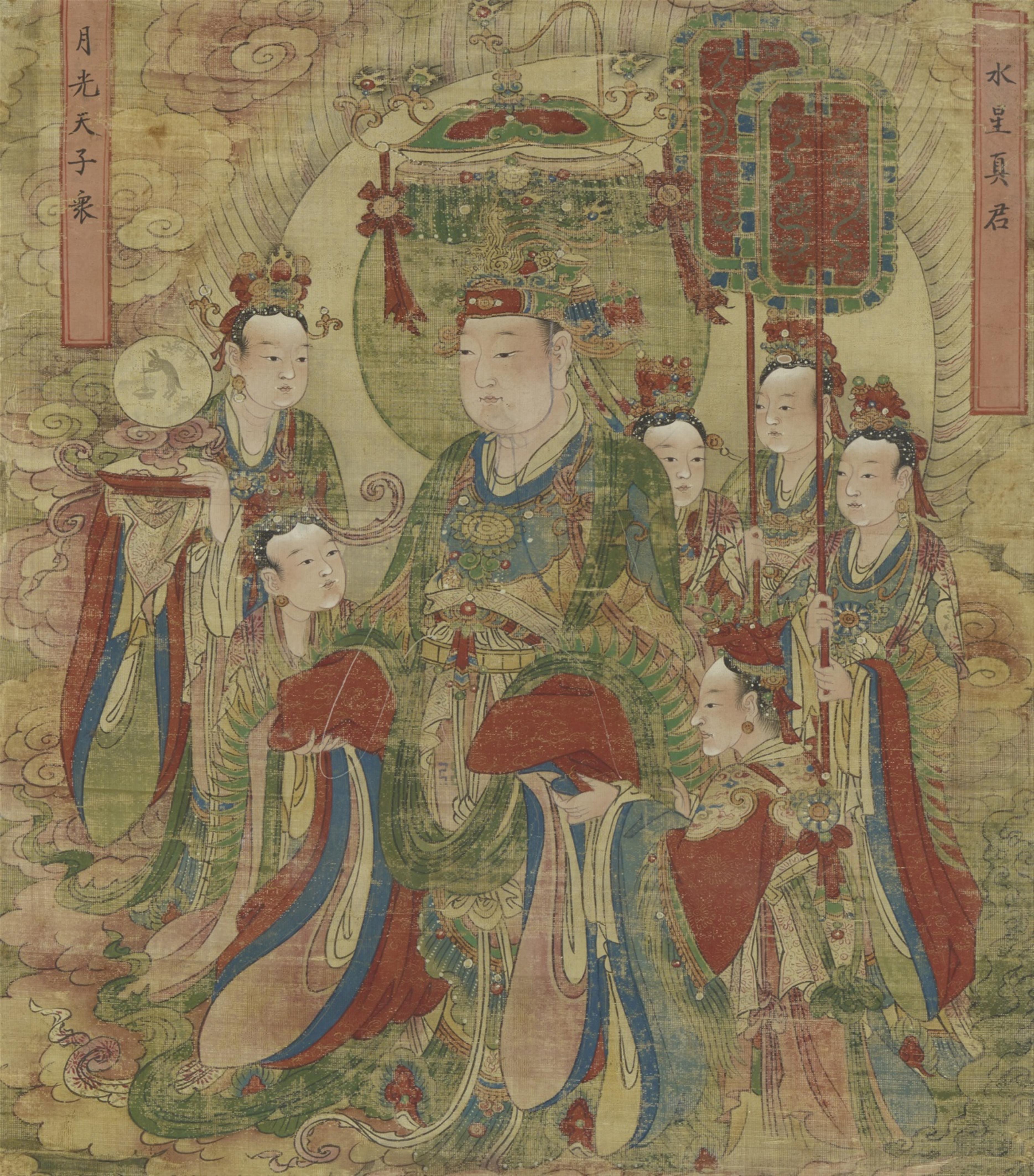 Anonymous painter . Qing - Shuixing, the governor of Mercury, one of the Seven Governors and Eleven Luminaries. Ink and colour on cloth. Two cartouches with names. With silk mounting, framed and glazed. - image-1