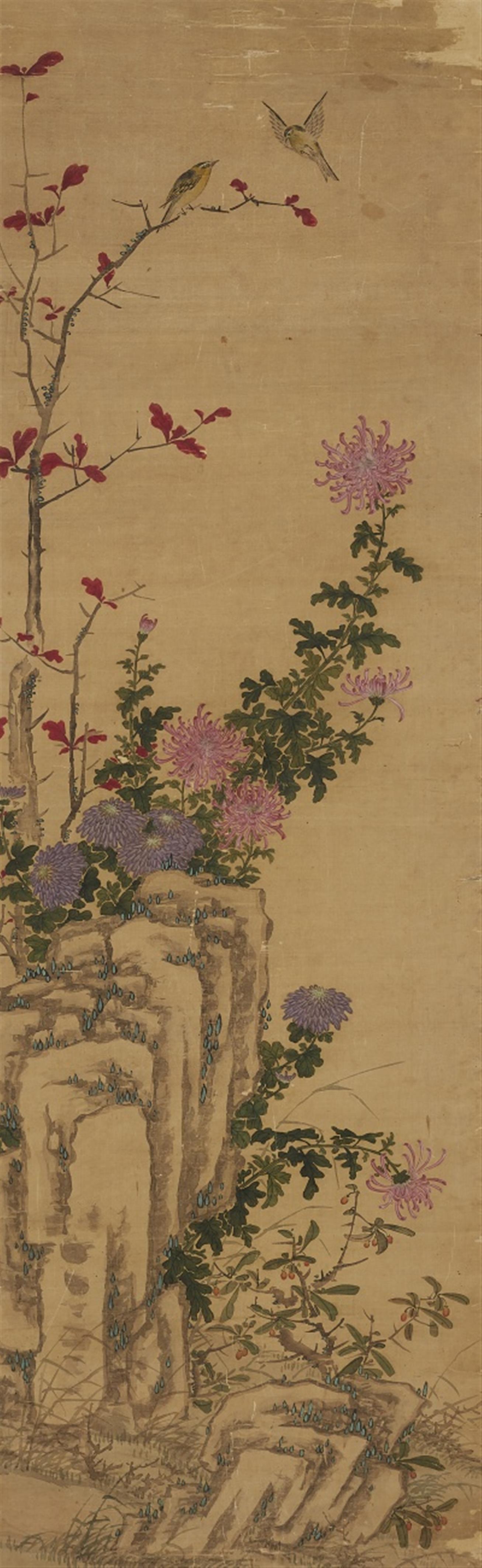 Anonymous painter Qing dynasty - Two hanging scrolls. Ink and colour on silk. a) Mandarin ducks in rocky river landscape. Inscribed in the manner of Shen Zhou and two seals. b) Chrysanthemum by a rock and a pai... - image-1