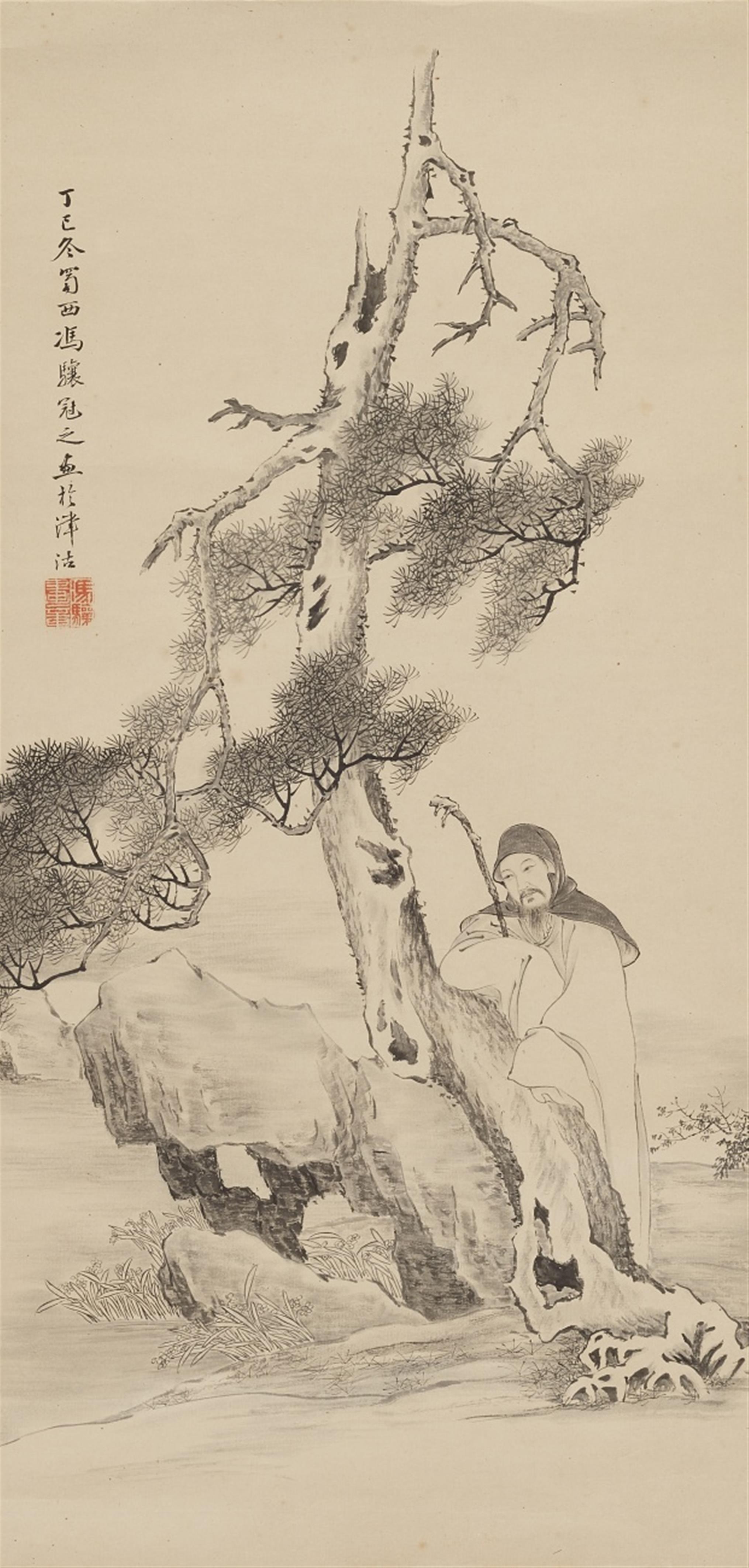 After Wang Hui
Feng Xiang - Three hanging scrolls. a) A man standing below a pine tree. Ink on paper. Inscription, dated cyclically dingsi, signed Feng Xiang and selaed Feng Xiang hua... . b) and c) Two of... - image-1
