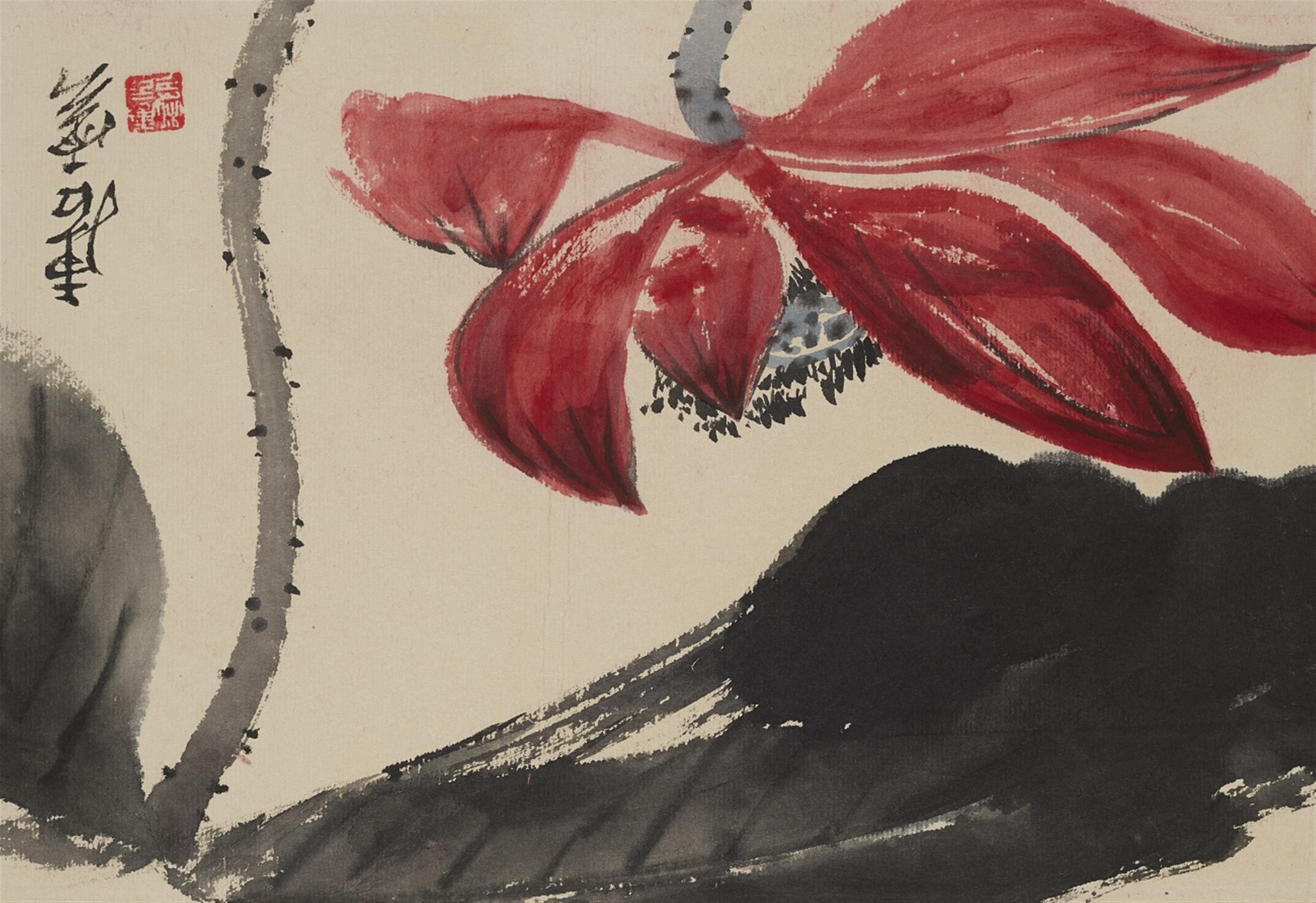 Tang Yun - Leporello-Album mit acht Darstellungen von Pflanzen und Tieren. Jedes Blatt mit Aufschrift, erstes Blatt datiert: 1958, sign.: Tang Yun und Siegel: Tang Yun si yin. Brokatbespan... - image-6