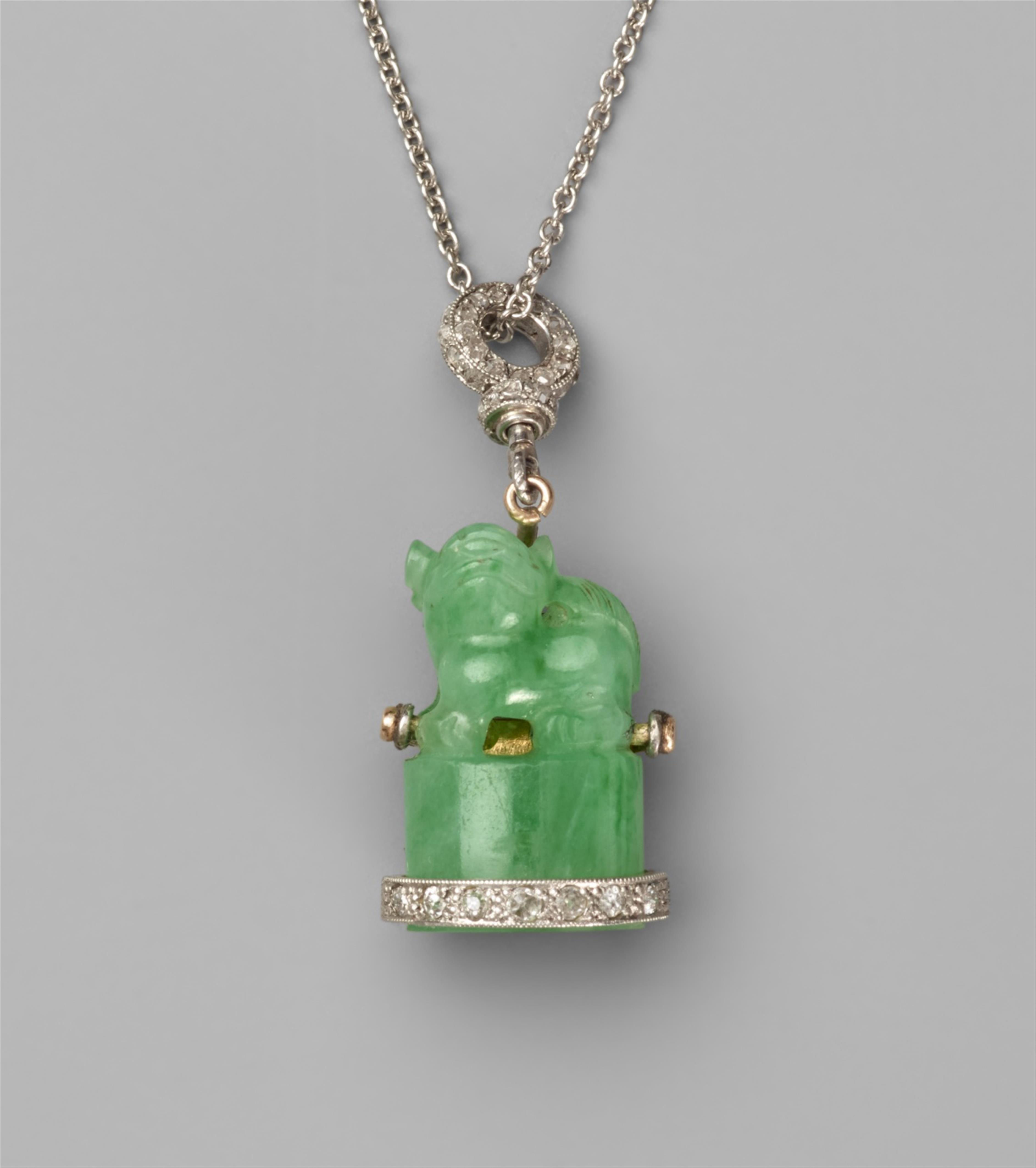 An apple-green jadeite, gold and platinum pendant - image-2