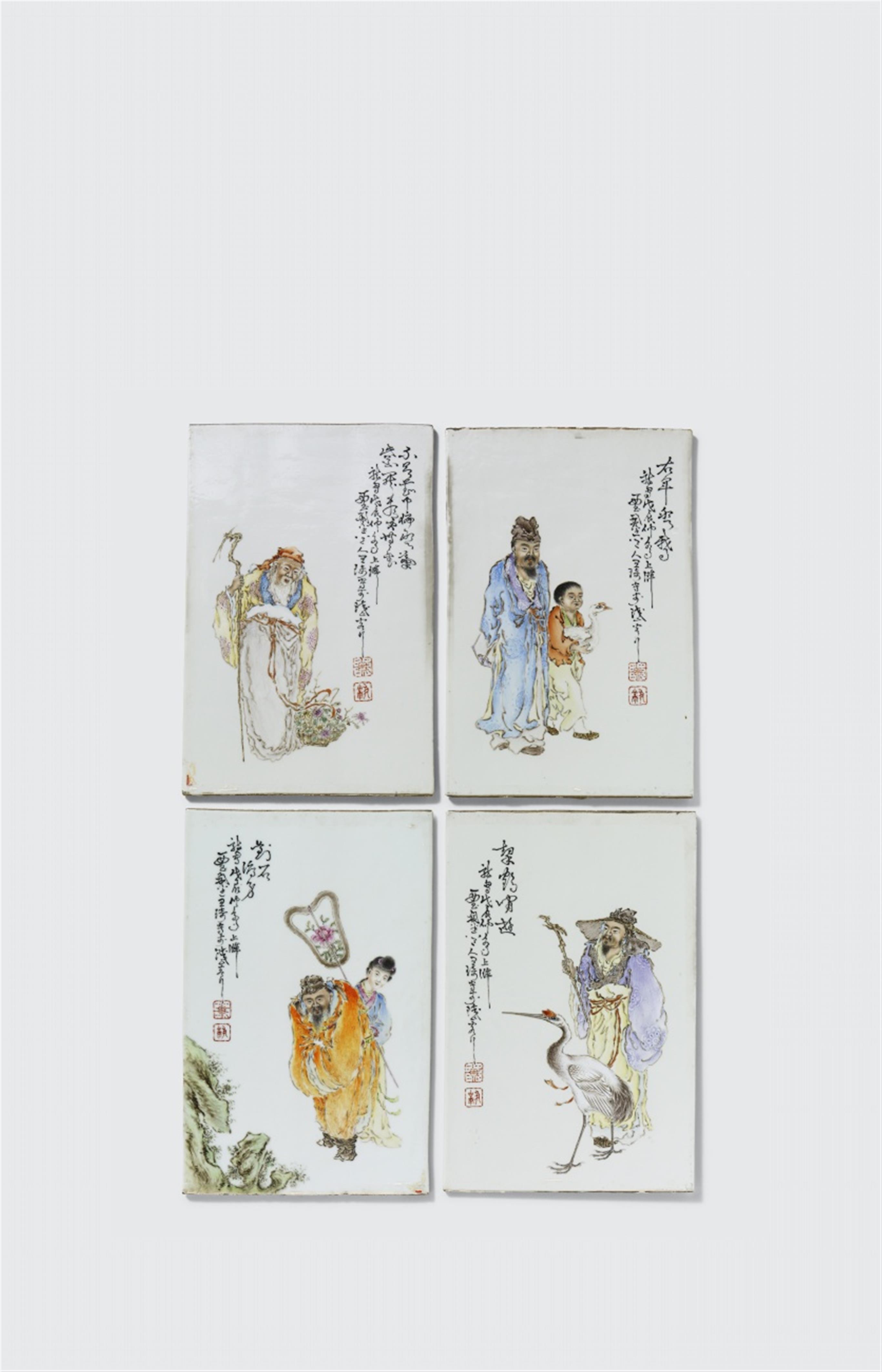 Vier fencai-Porzellanplatten mit den Vier Liebhabern. Datiert 1928 - image-1