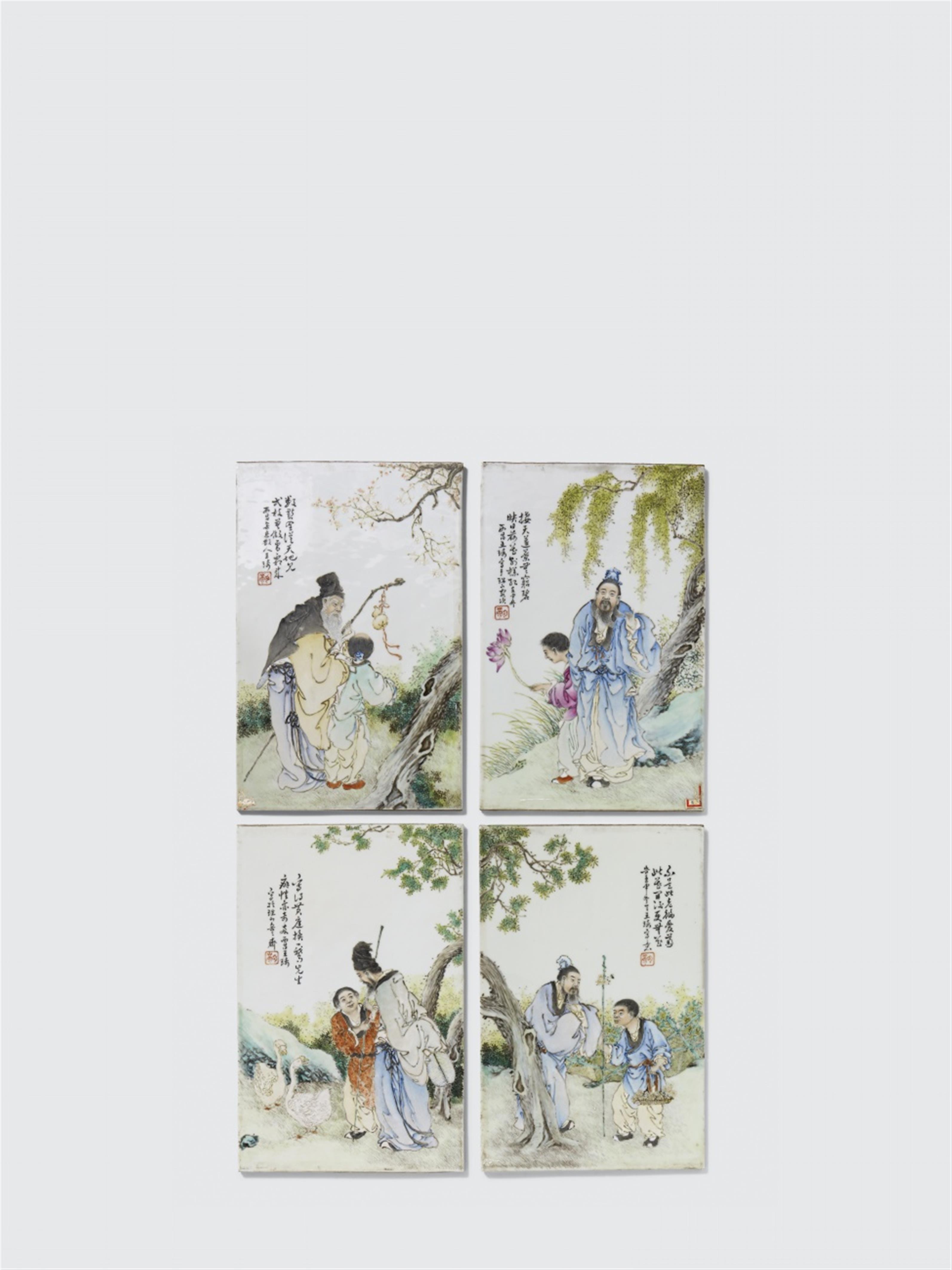 A set of four fencai rectangular plaques depicting The Four Lovers. Dated 1932 - image-1