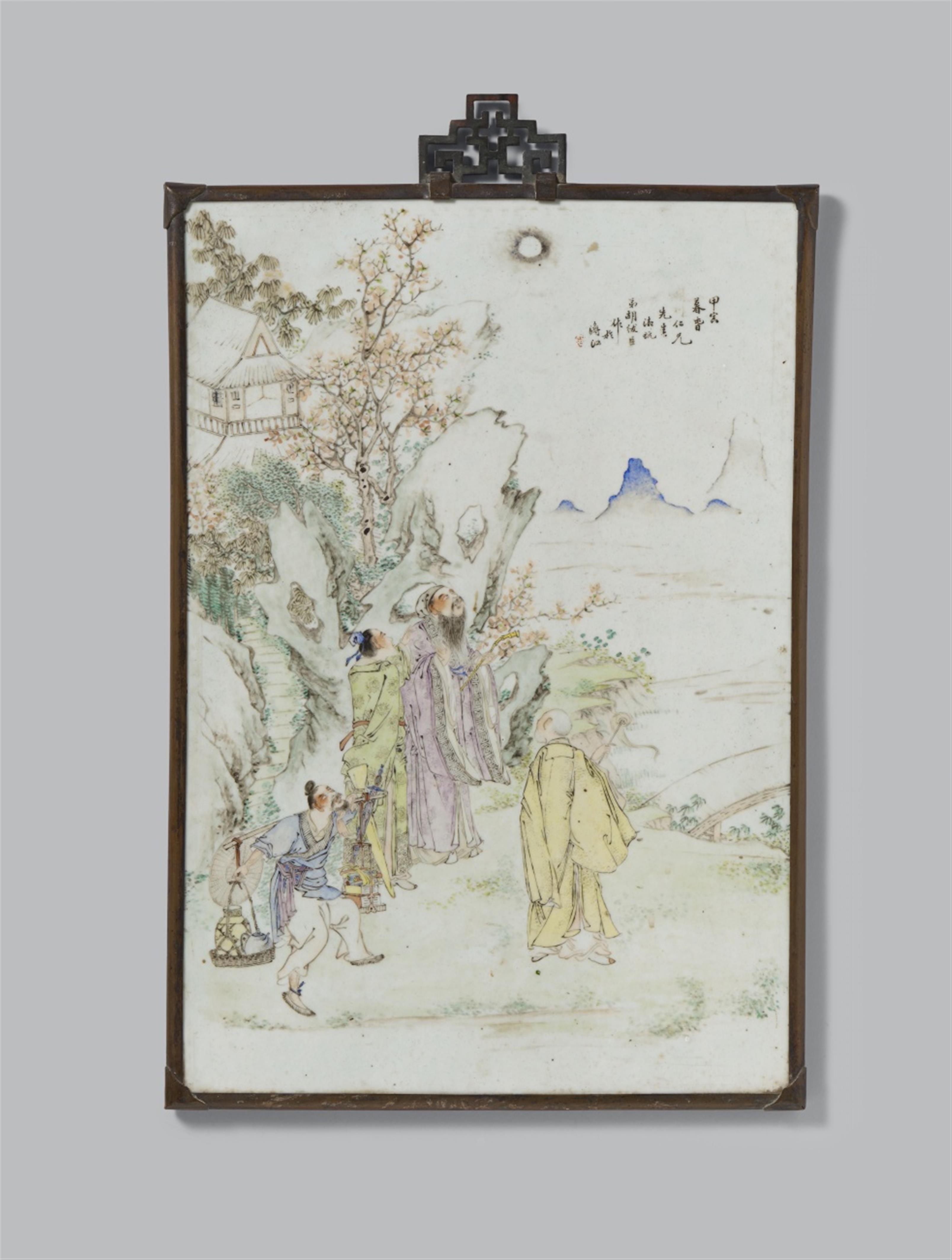 A polychrome painted porcelain plaque in a frame. Late Qing dynasty (1644-1911) - image-1