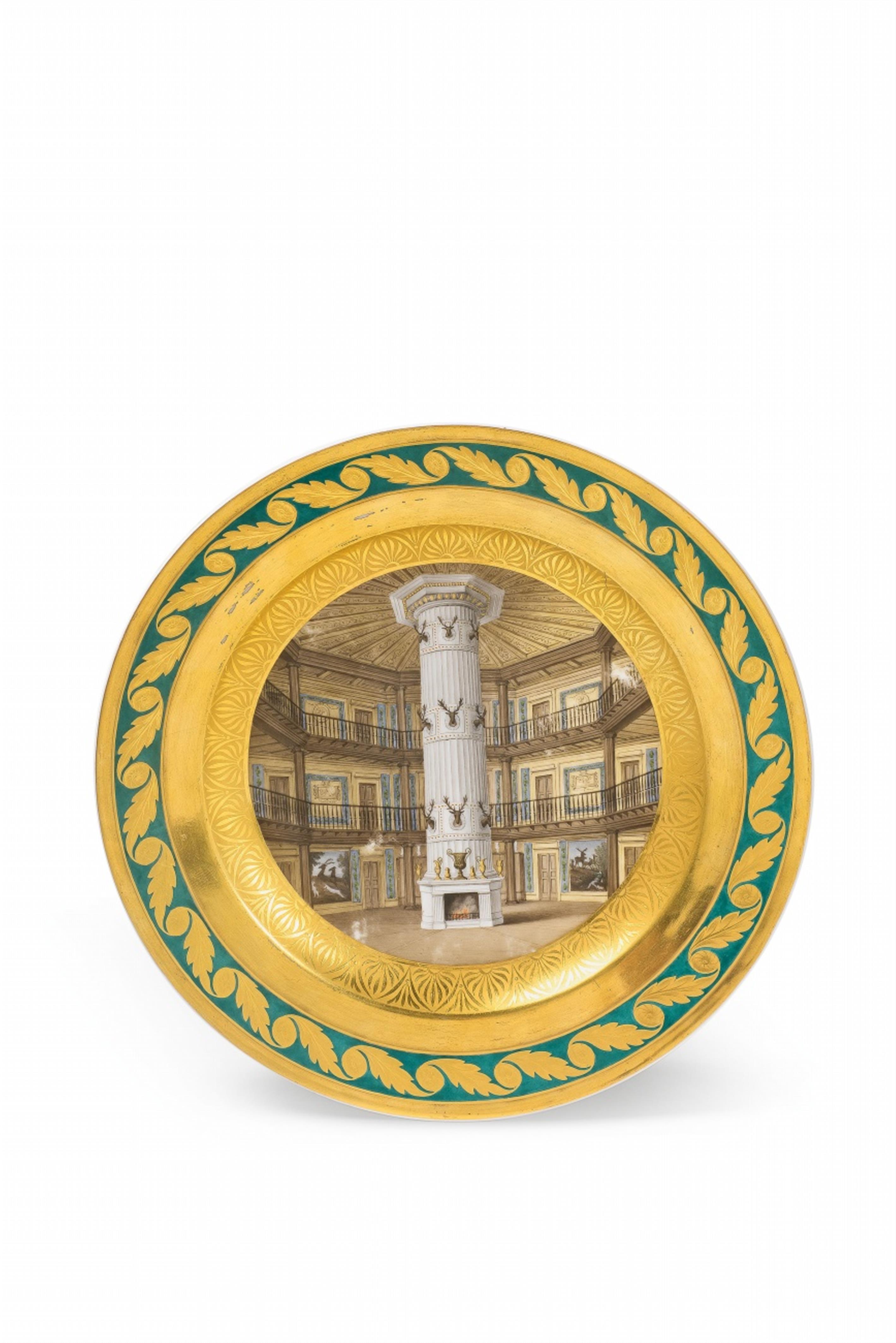A Berlin KPM porcelain plate with a view of the great hall in Antonin Jagdschloss - image-1