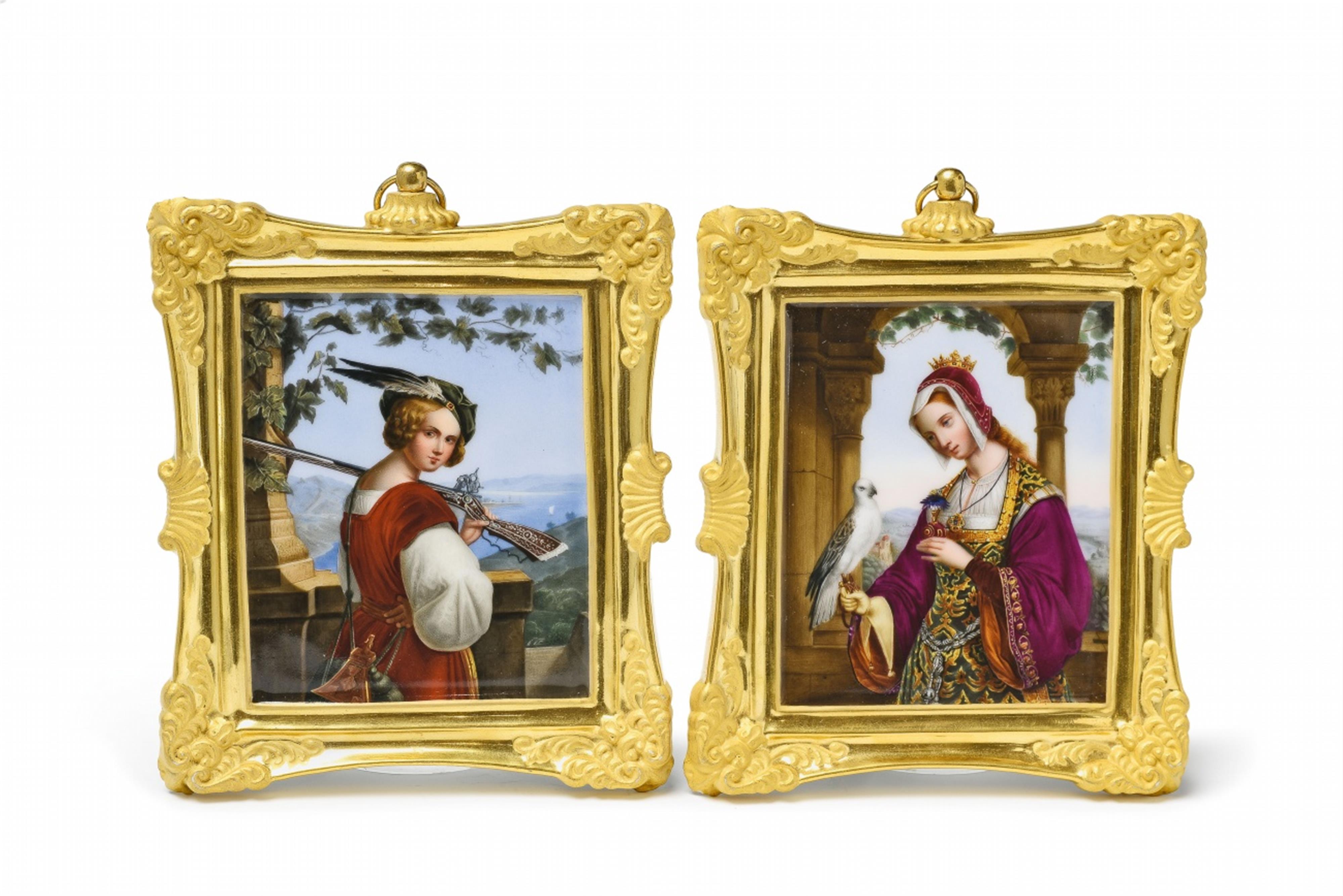 A pair of Berlin KPM porcelain plaques with a hunter and a falconer - image-1