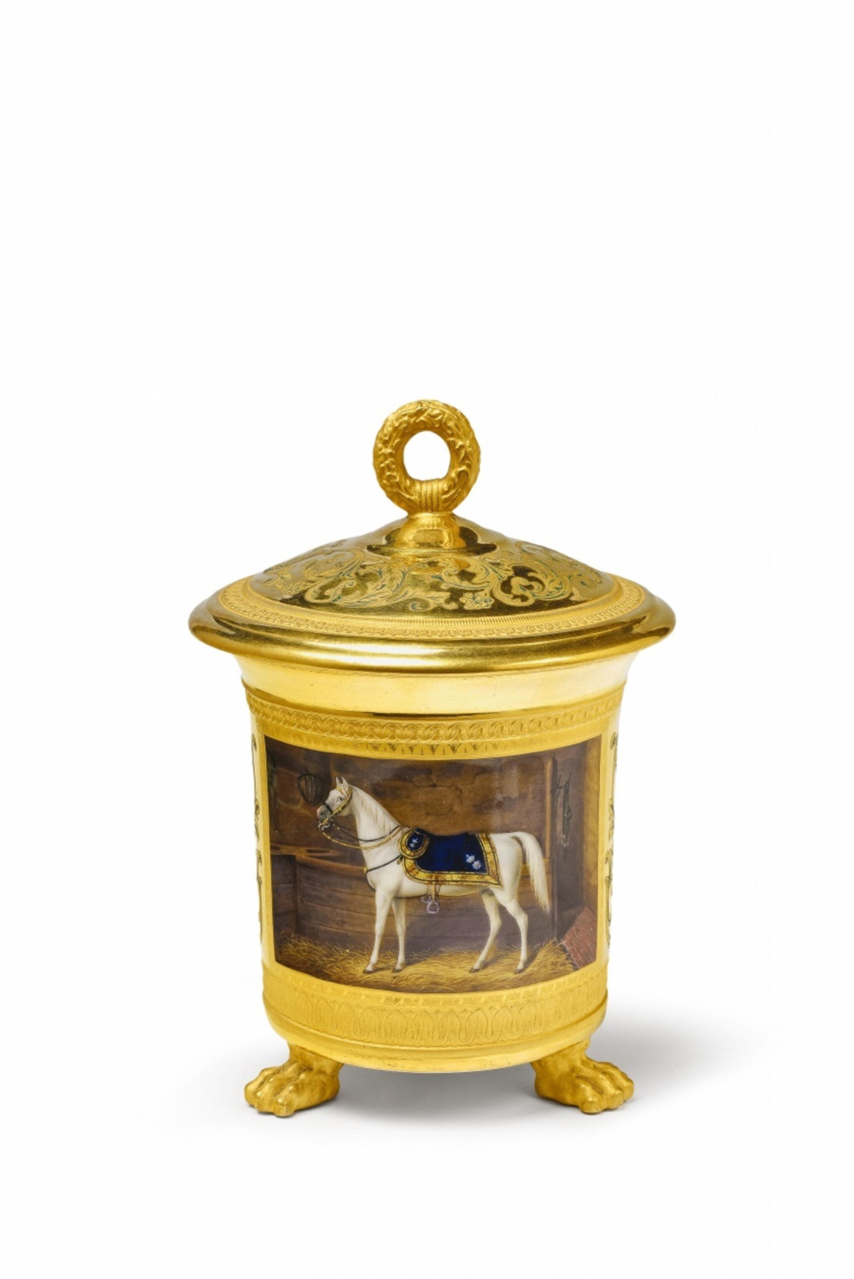 A Berlin KPM porcelain cup and cover with the King's horse - image-2