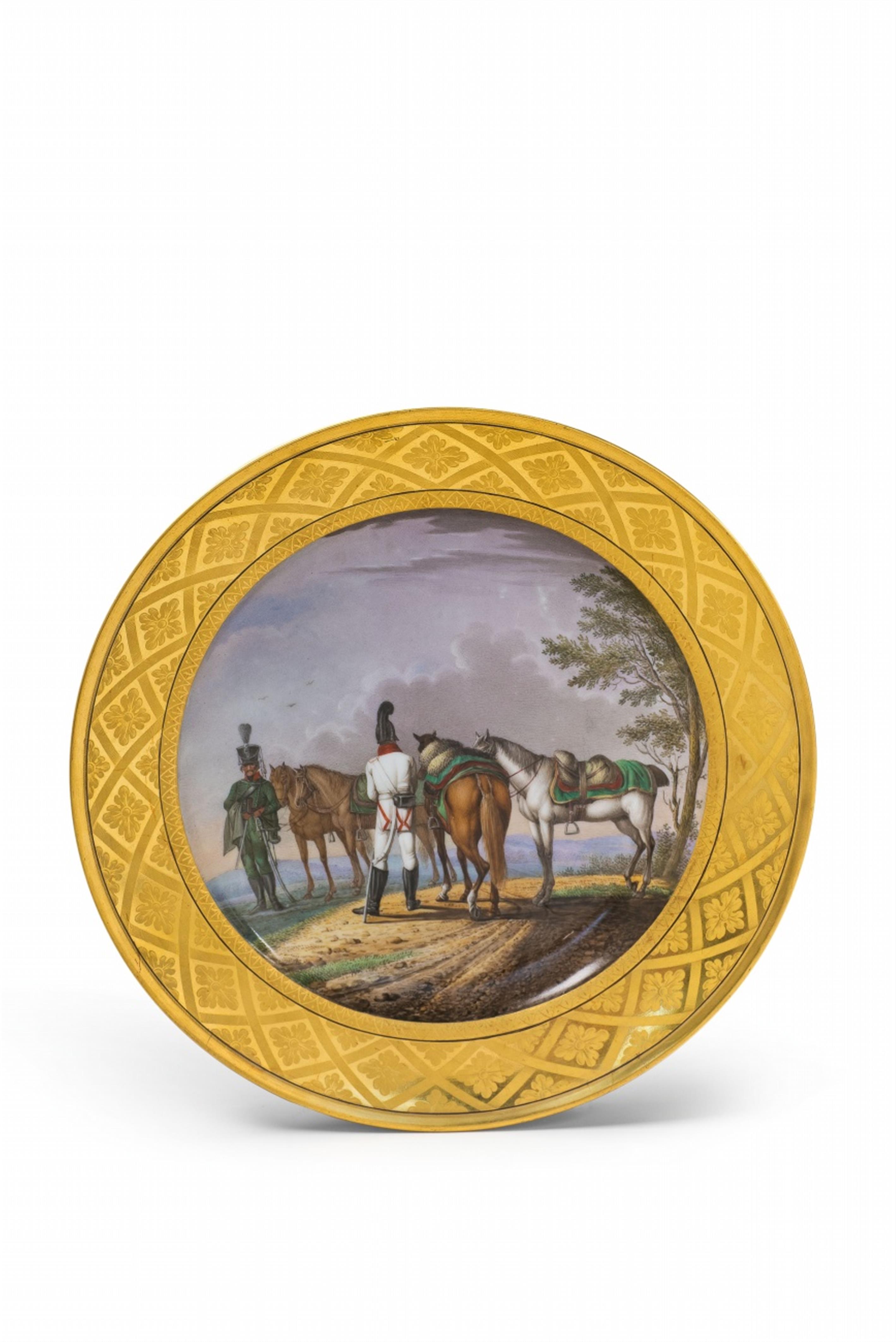 A Berlin KPM porcelain plate with soldiers at rest - image-1