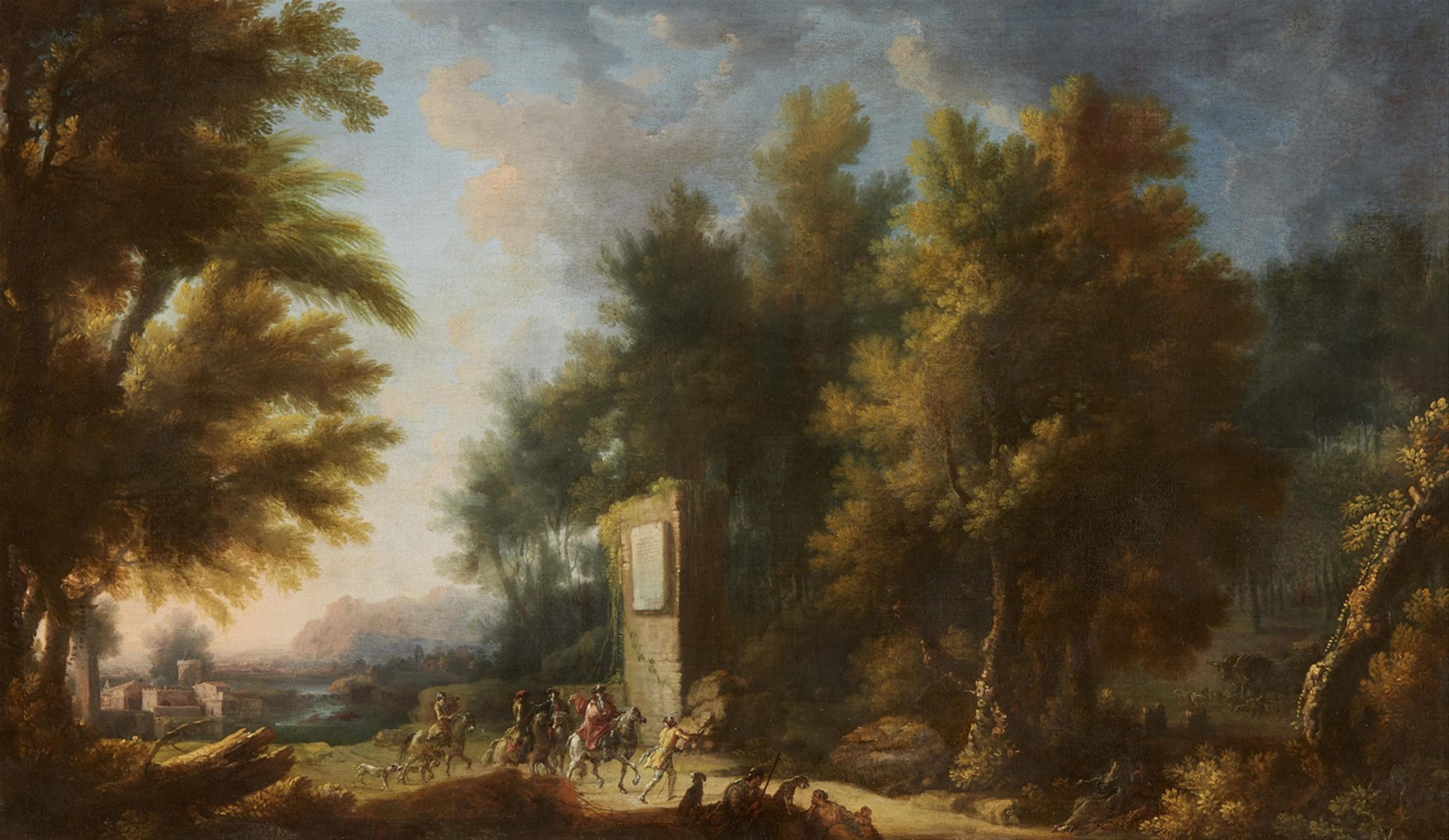Francesco Zuccarelli, circle of - Southern Landscape with an Elegant Hunting Party - image-1