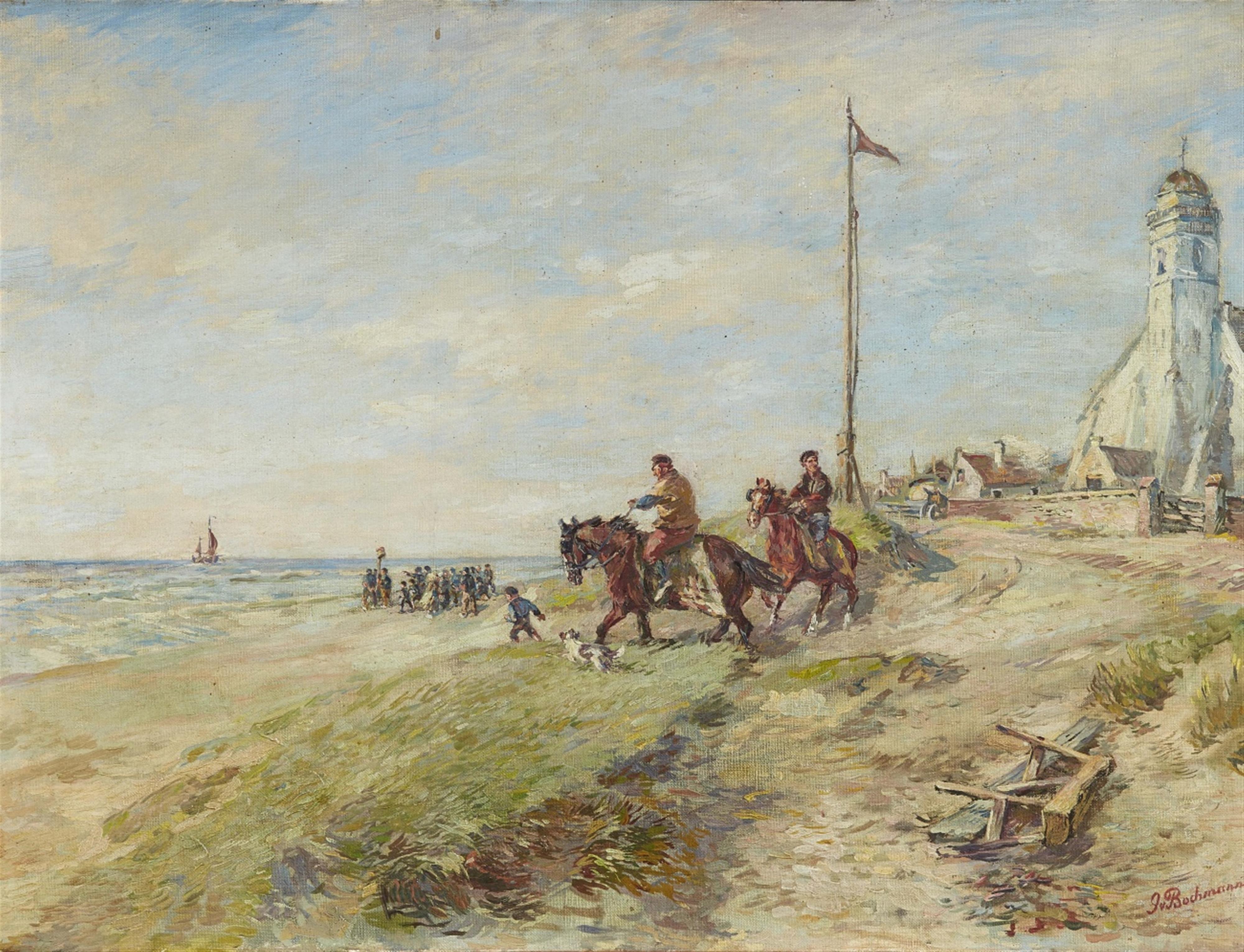 Gregor von Bochmann - Beach Scene with Riders and the Andreaskerk in Katwijk - image-1