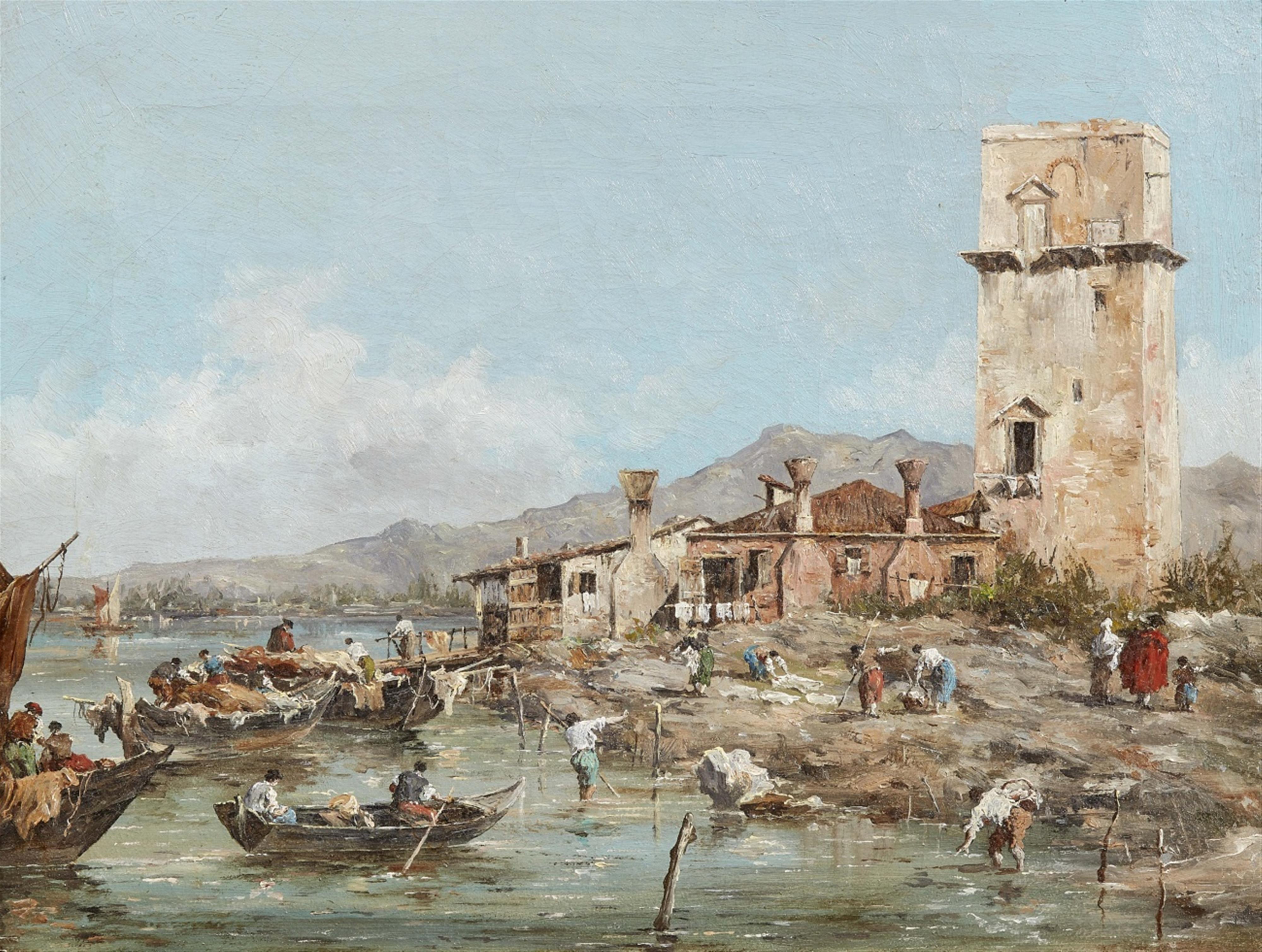 Wohl Italienischer Künstler des 19. Jahrhunderts - Flusslandschaft mit geschäftigem Treiben - image-1