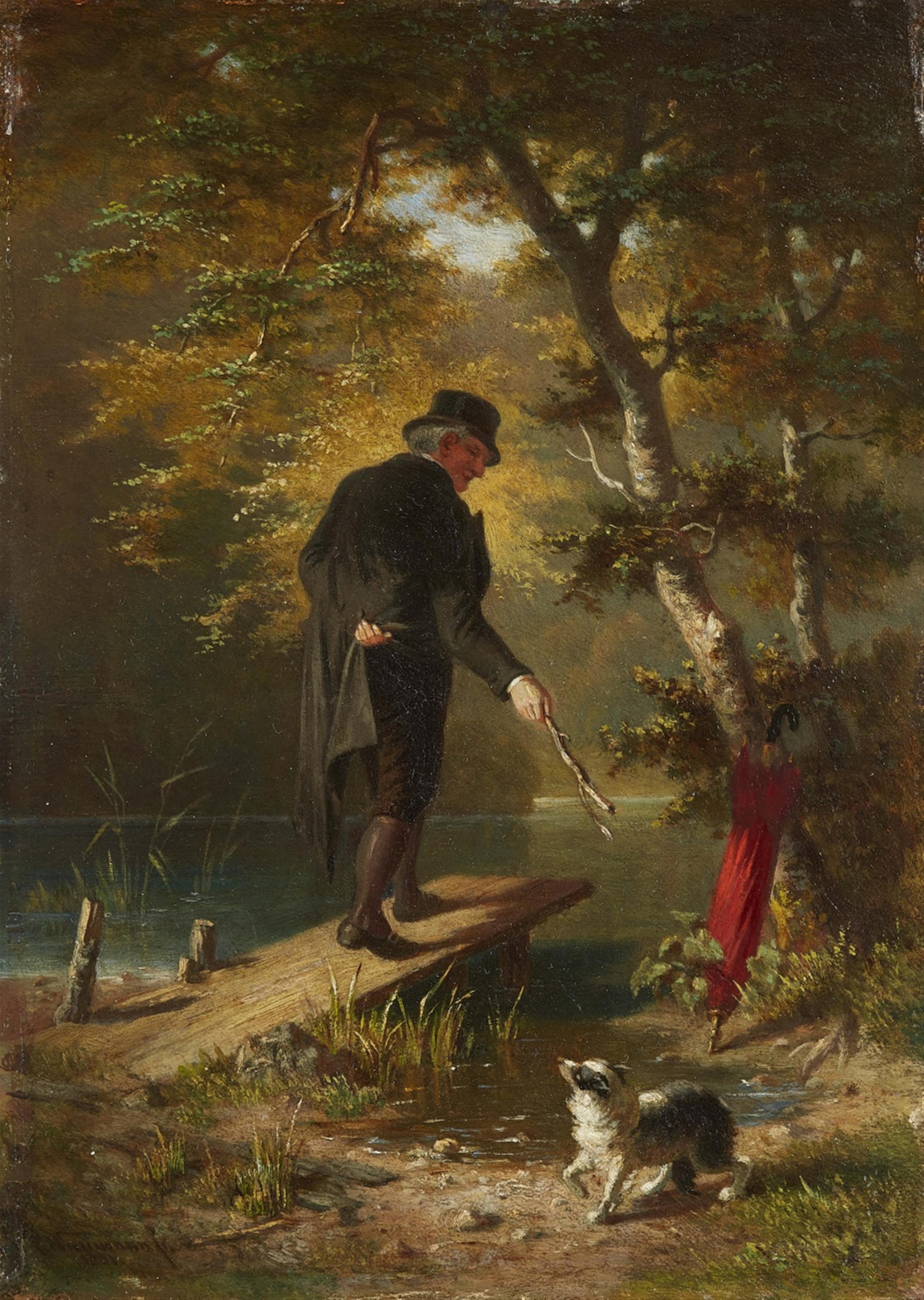 Carl Georg Naumann - Man Walking his Dog by a Pond - image-1