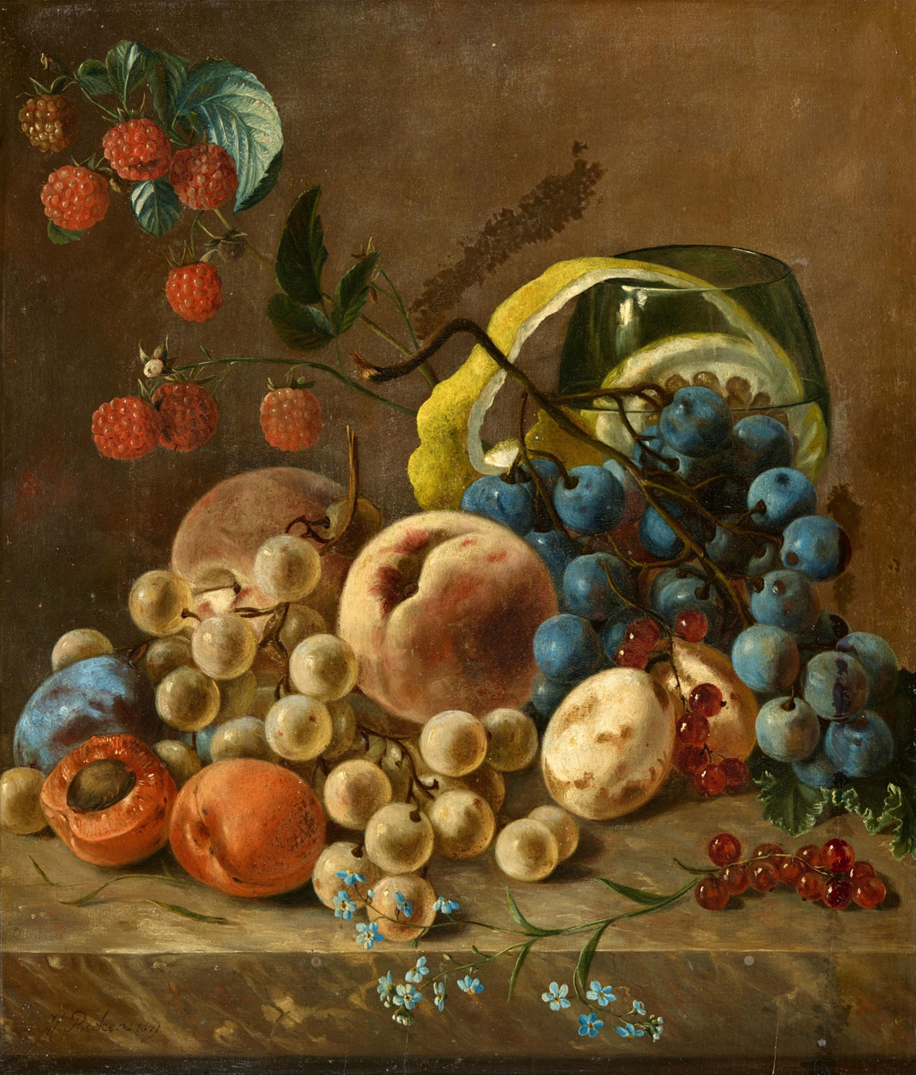 Reekers - Fruit Still Life with Peaches, Damsons, Grapes, Apricots, Raspberries, Blackcurrants, Forget-Me-Nots, and a Lemon in a Rummer - image-1
