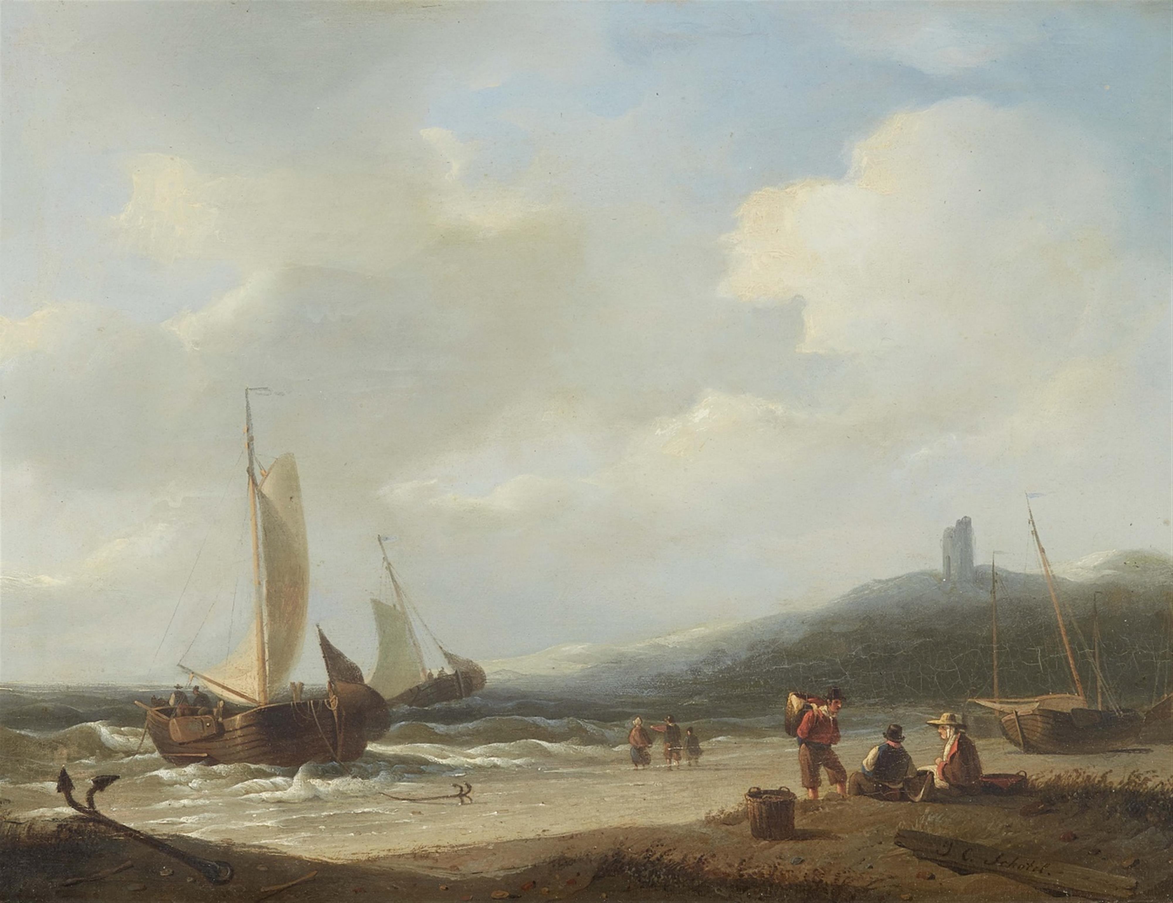 Johannes Christianus Schotel - Beach Scene with Sailing Ships - image-1