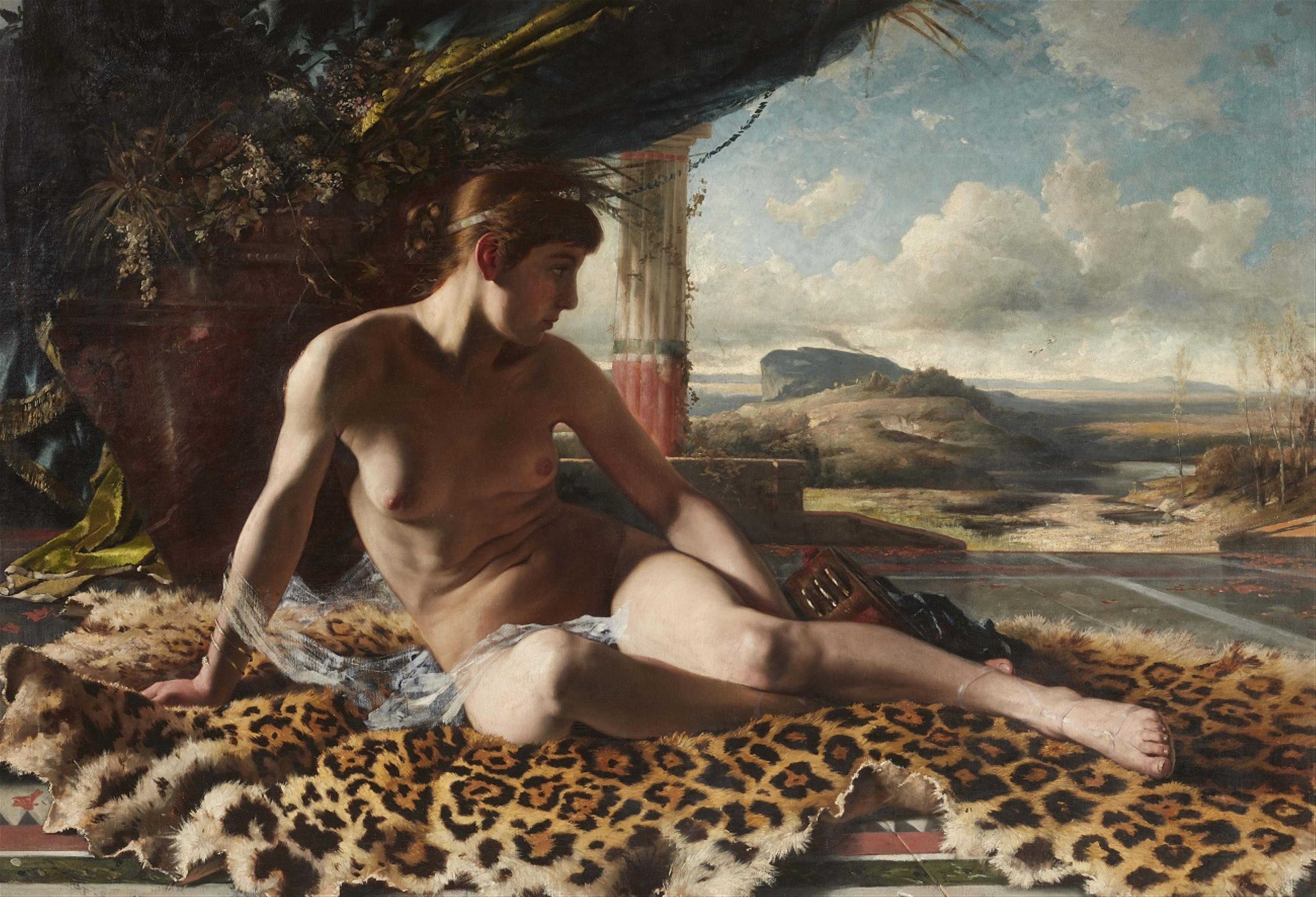 Unknown Artist 19th century - Odalisque on a Leopard Skin in a Panoramic Landscape - image-1