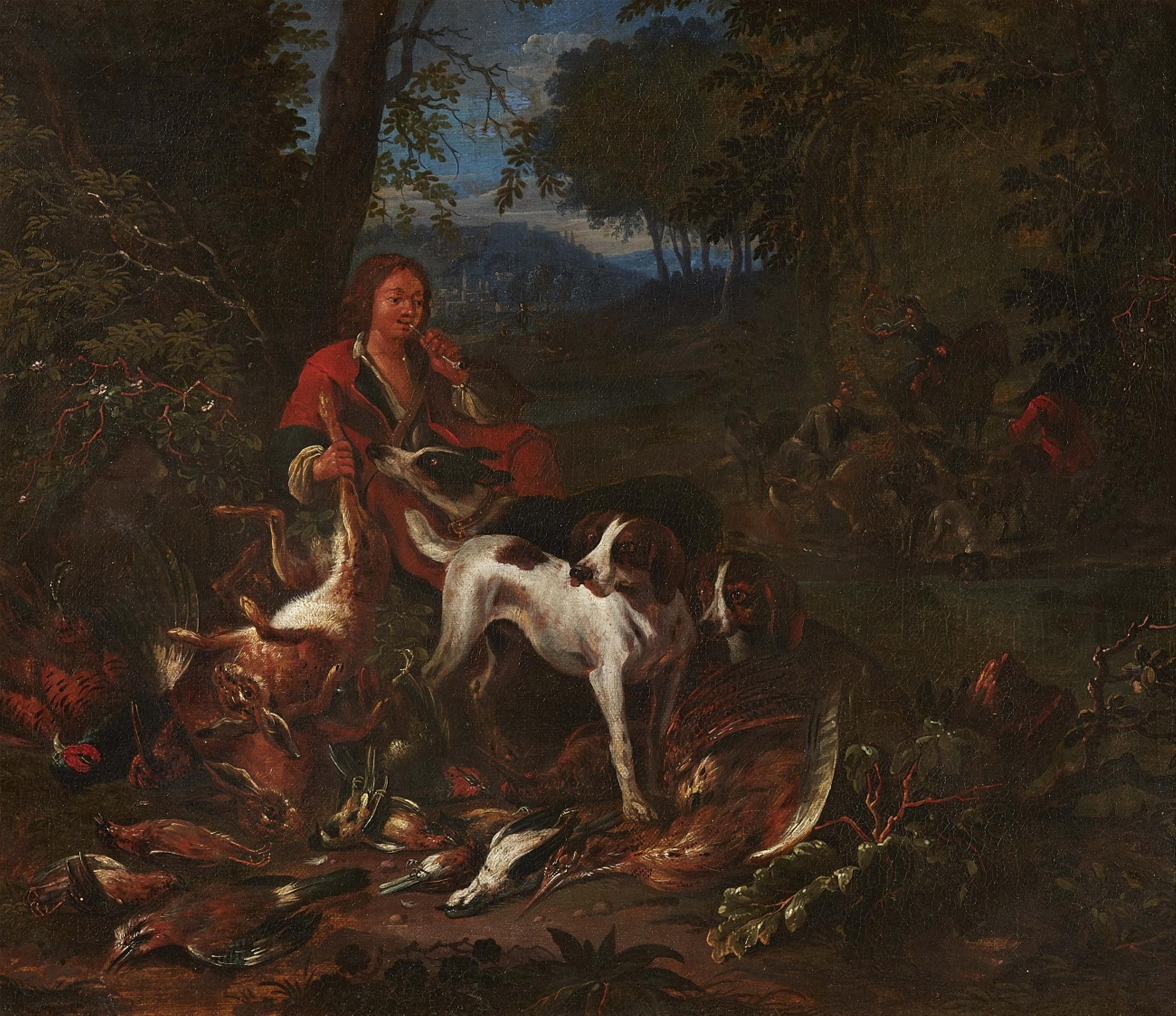 Adriaen de Gryeff - Landscape with Hunters, Dogs, and Game - image-1