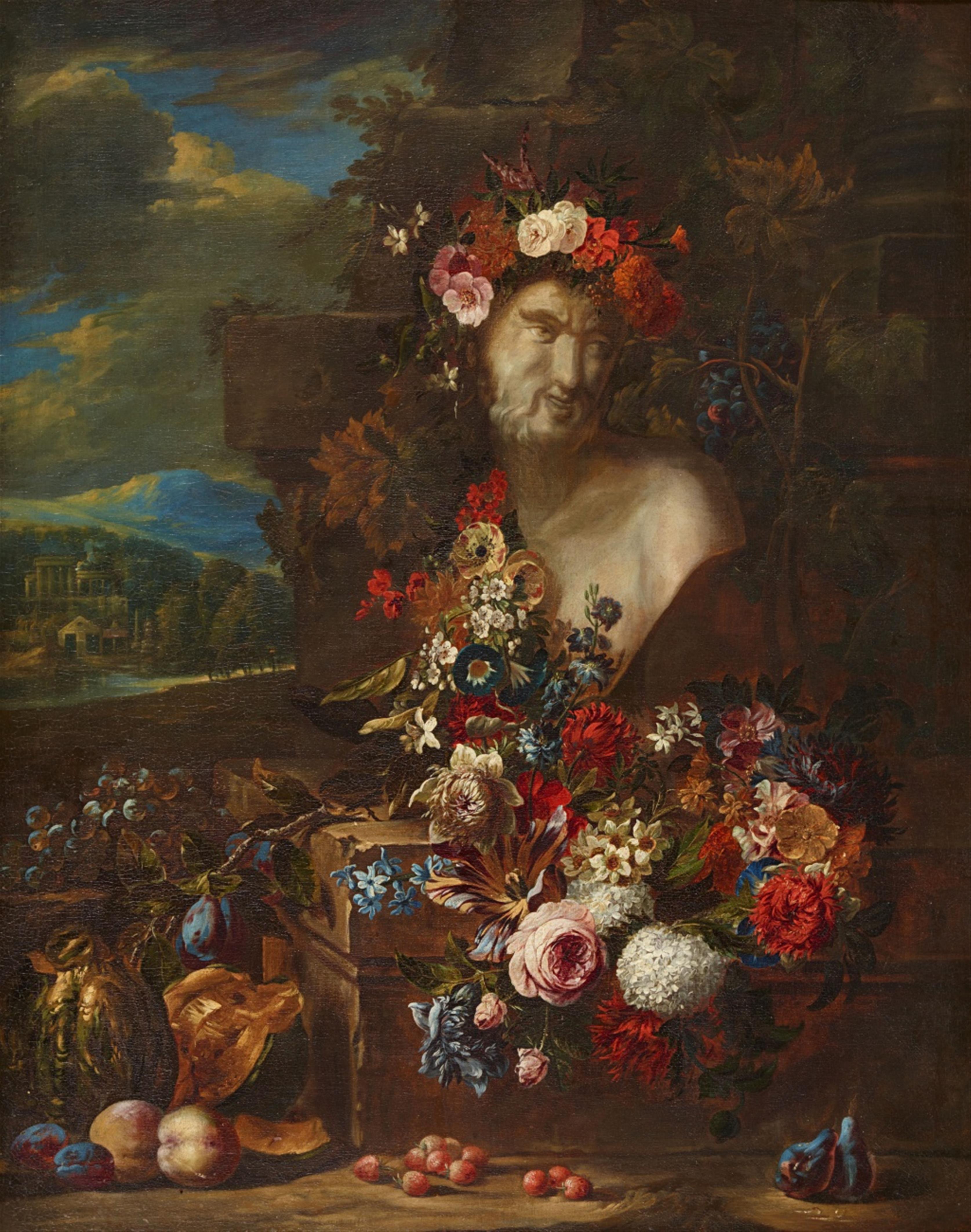 Jacob van der Borcht (Borght), zugeschrieben - Stillleben mit einer Büste des Pan, Blumen und Früchten vor einer Landschaft - image-1