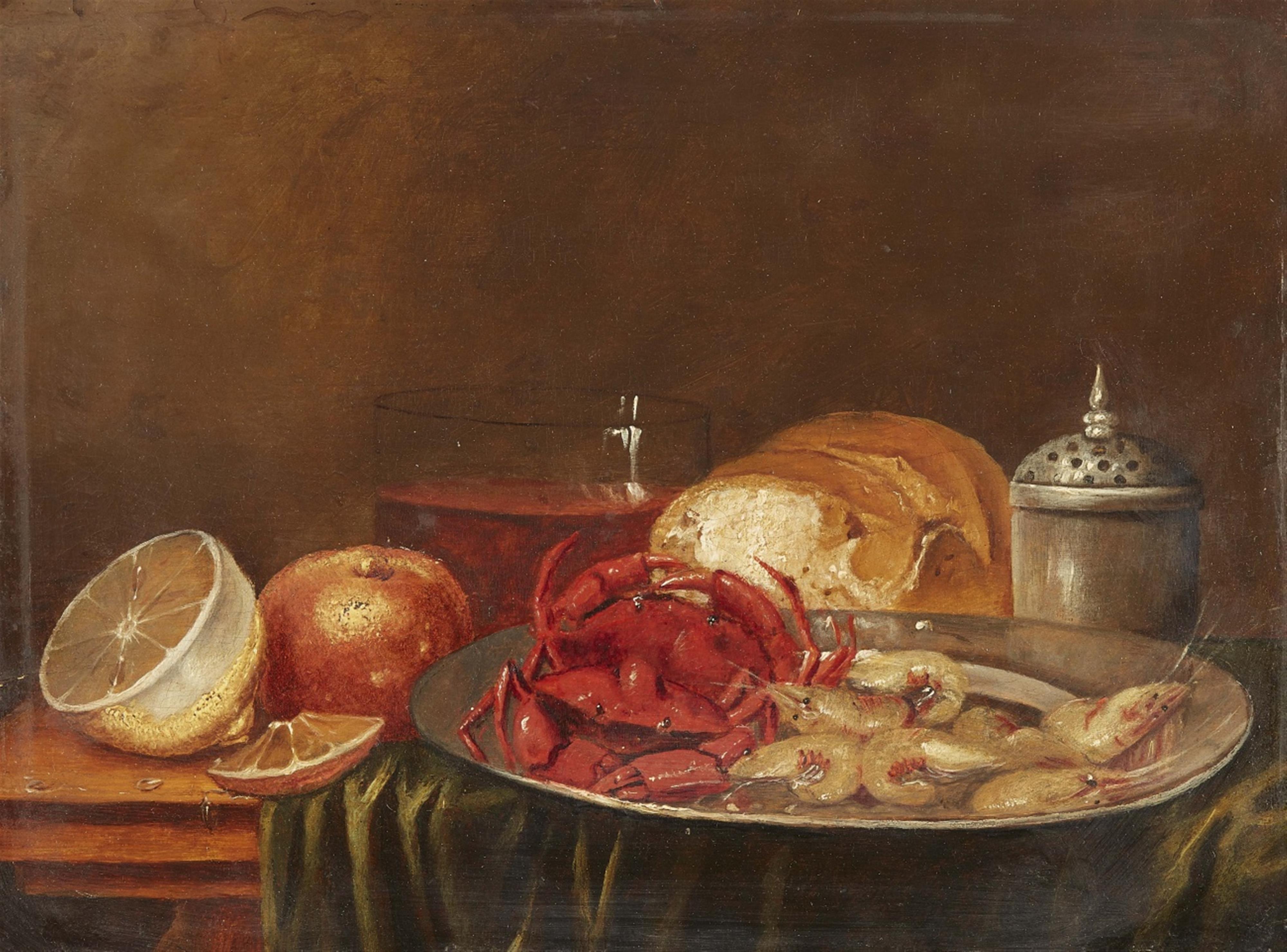 Netherlandish School 17th century - Still Life with a Crab and Shrimps, Bread, a Glass of Wine, and a Lemon - image-1