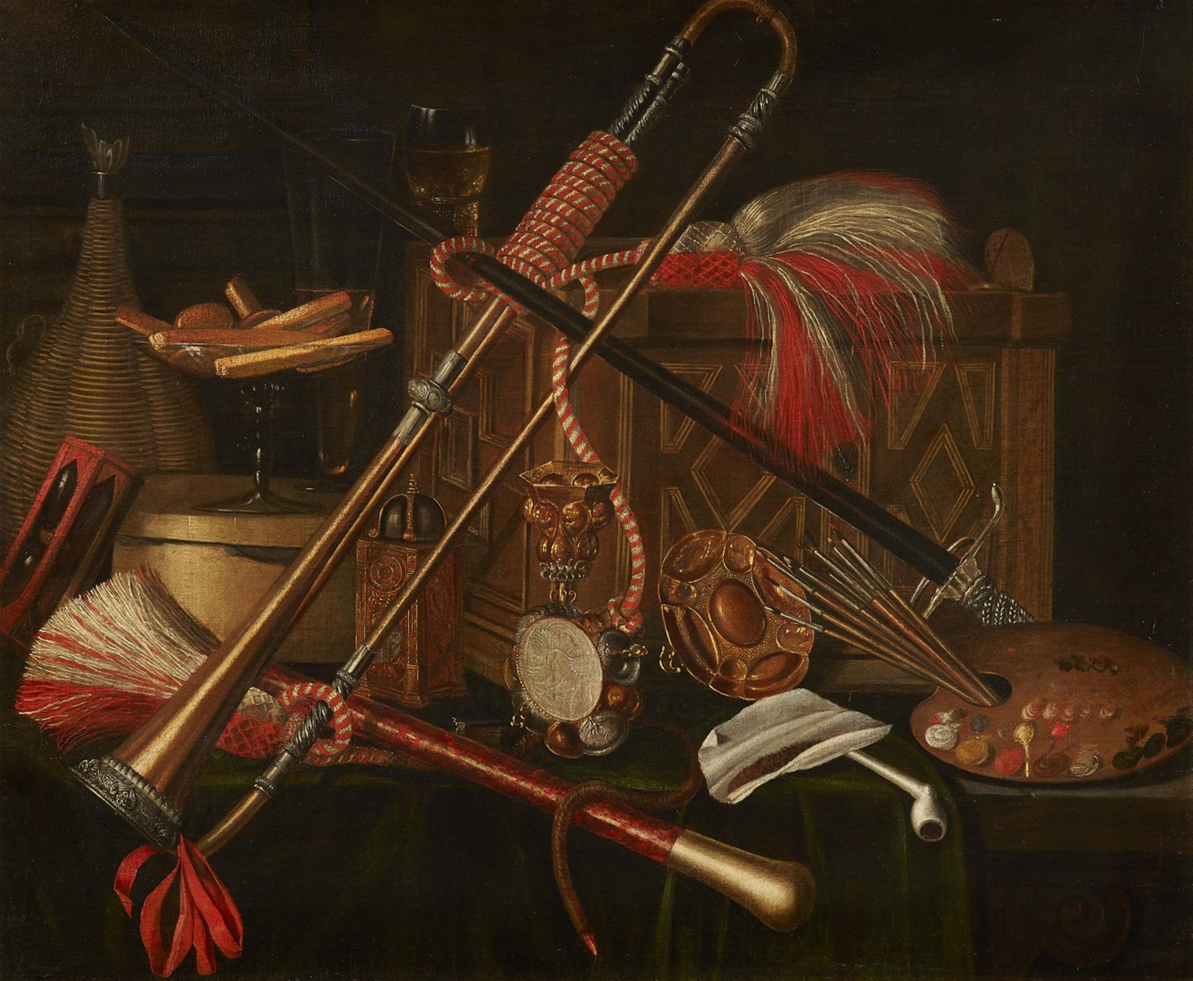 Netherlandish School second half 17th century - Still Life with a Coffer, Musical Instruments, Paint Palette, Hourglass, Precious Vessels, and Sweetmeats - image-1