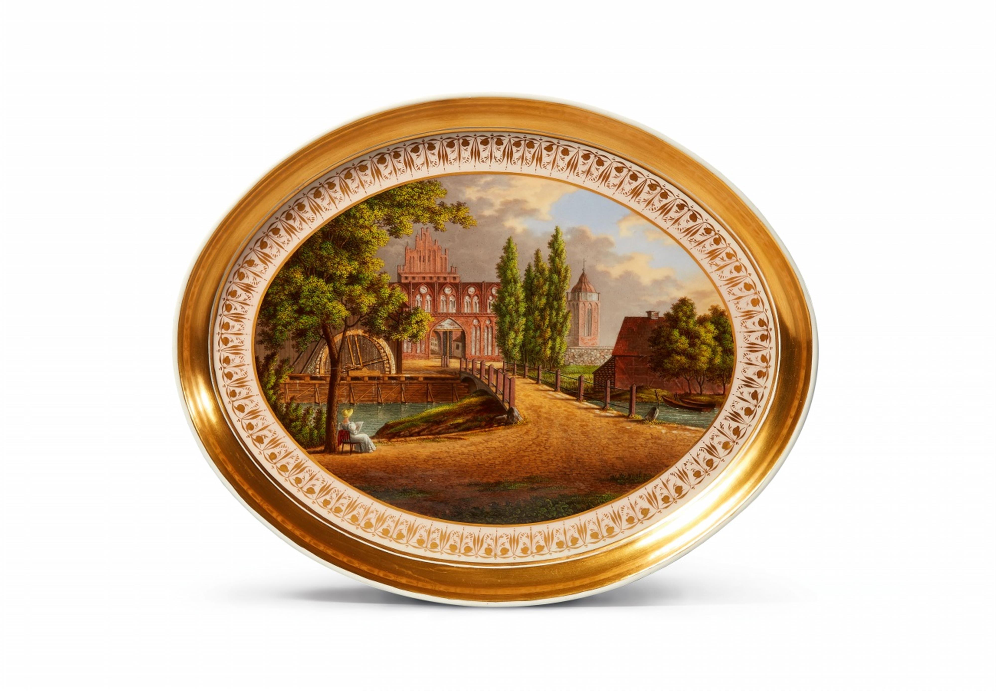 A Berlin KPM porcelain tray with a view of Chorin Abbey - image-1