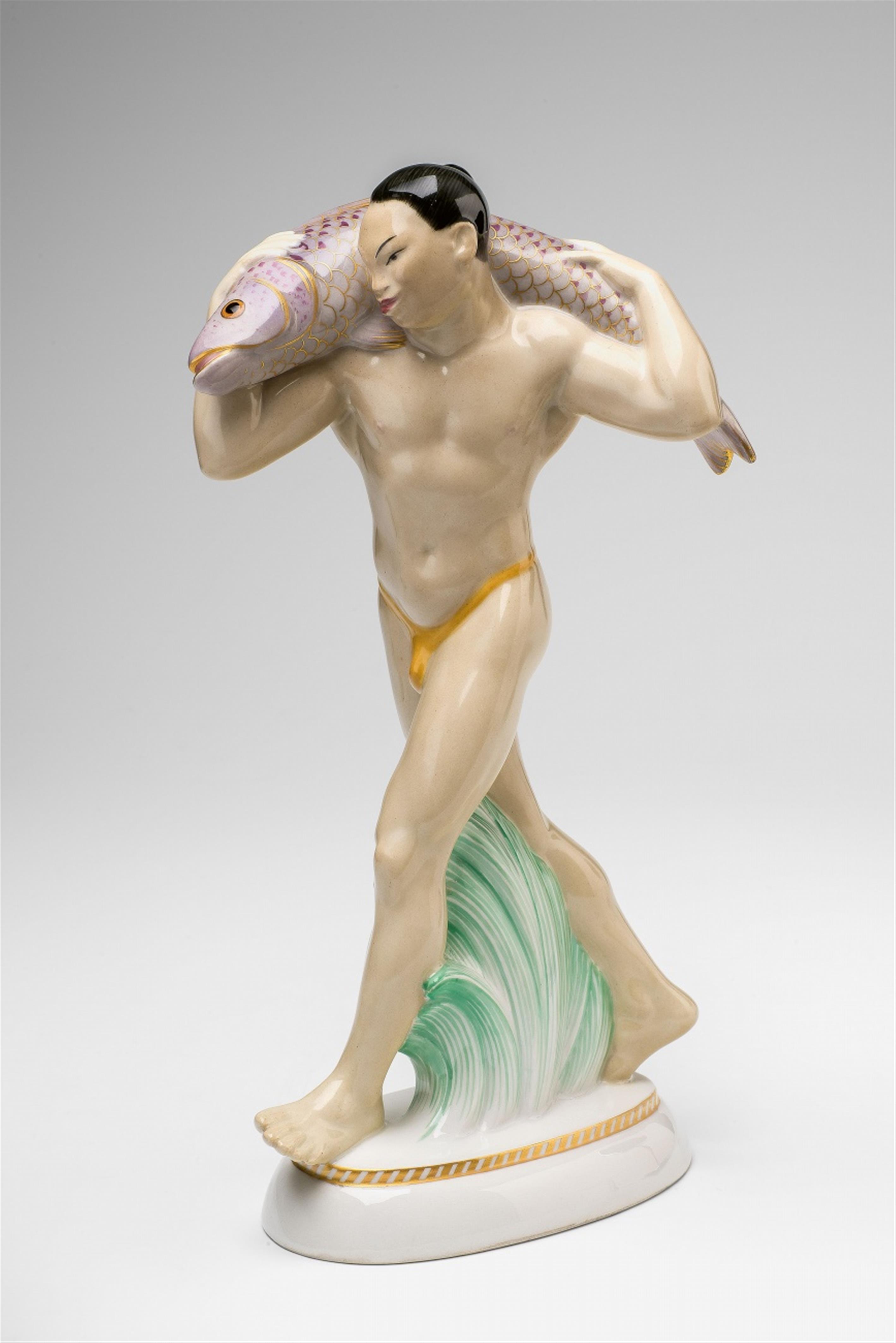 A Berlin KPM porcelain figure of a Japanese man with a fish - image-1